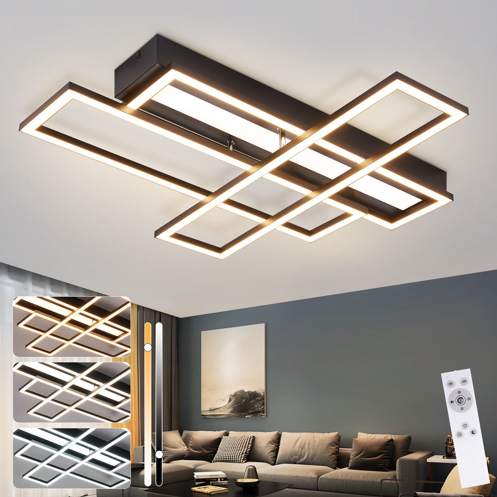 NETTLIFE Lampa sufitowa LED do salonu, czarna, prostokątna, ściemnialna, nowoczesny design