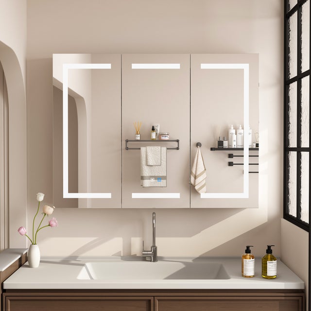 Armoire Murale de Salle de Bain avec Miroir et Lumières LED, Anti-buée, 3 Portes et Étagères, 120 x 13 x 90 CM, Blanc