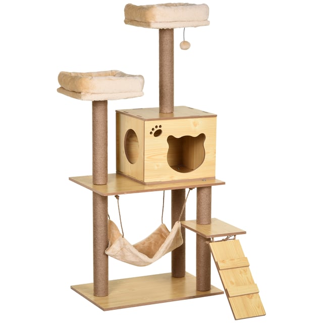 Arranhador para Gatos 130cm Torre Multi-níveis com Camas Rede Caverna e Bola Suspensa 60x40x130cm