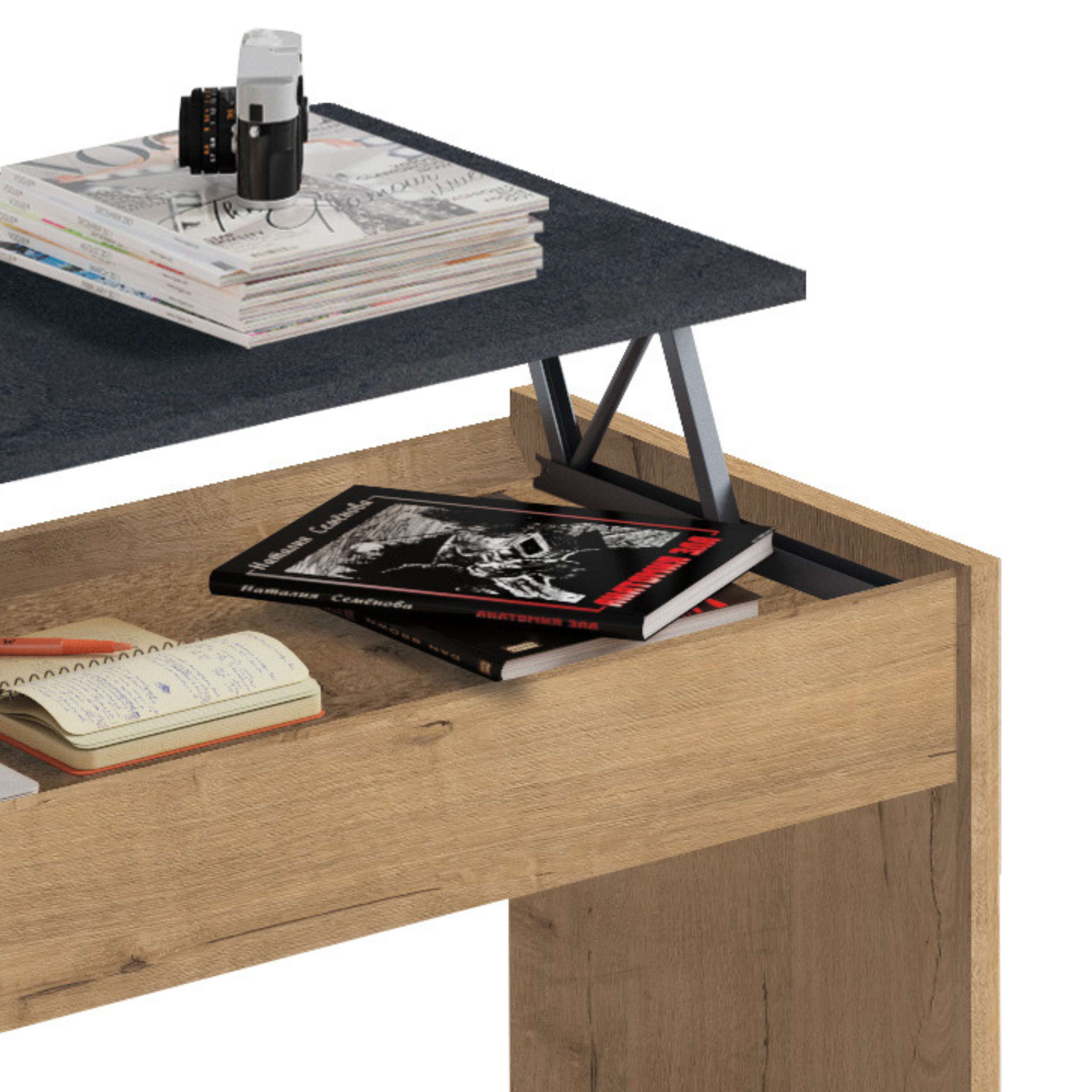 Table basse relevable en chêne et marbre pour salon, salle à manger, style moderne, rangement, 47-58 x 100 x 50 cm - 3