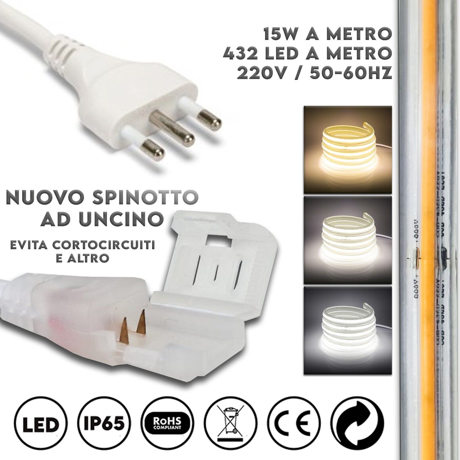 Striscia Led Cob 220V Alta Luminosità 288 Luci al Metro Ip65 Impermeabile Luce Effetto Neon Diverse Misure e Colori Decorazione COB 2MT 4000K - 2