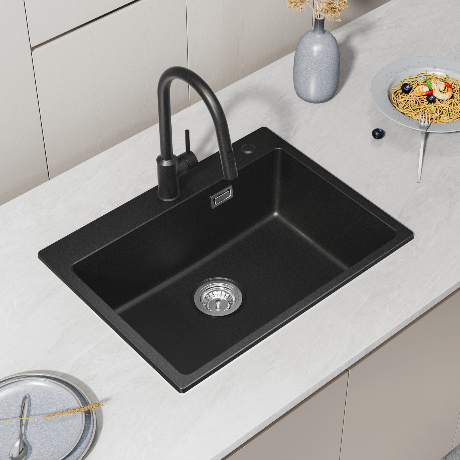 Cecipa max Evier de Cuisine 60x45cm en Quartz et Résine - Evier 1 Bac Noir -Grande Capacité Evier - 3