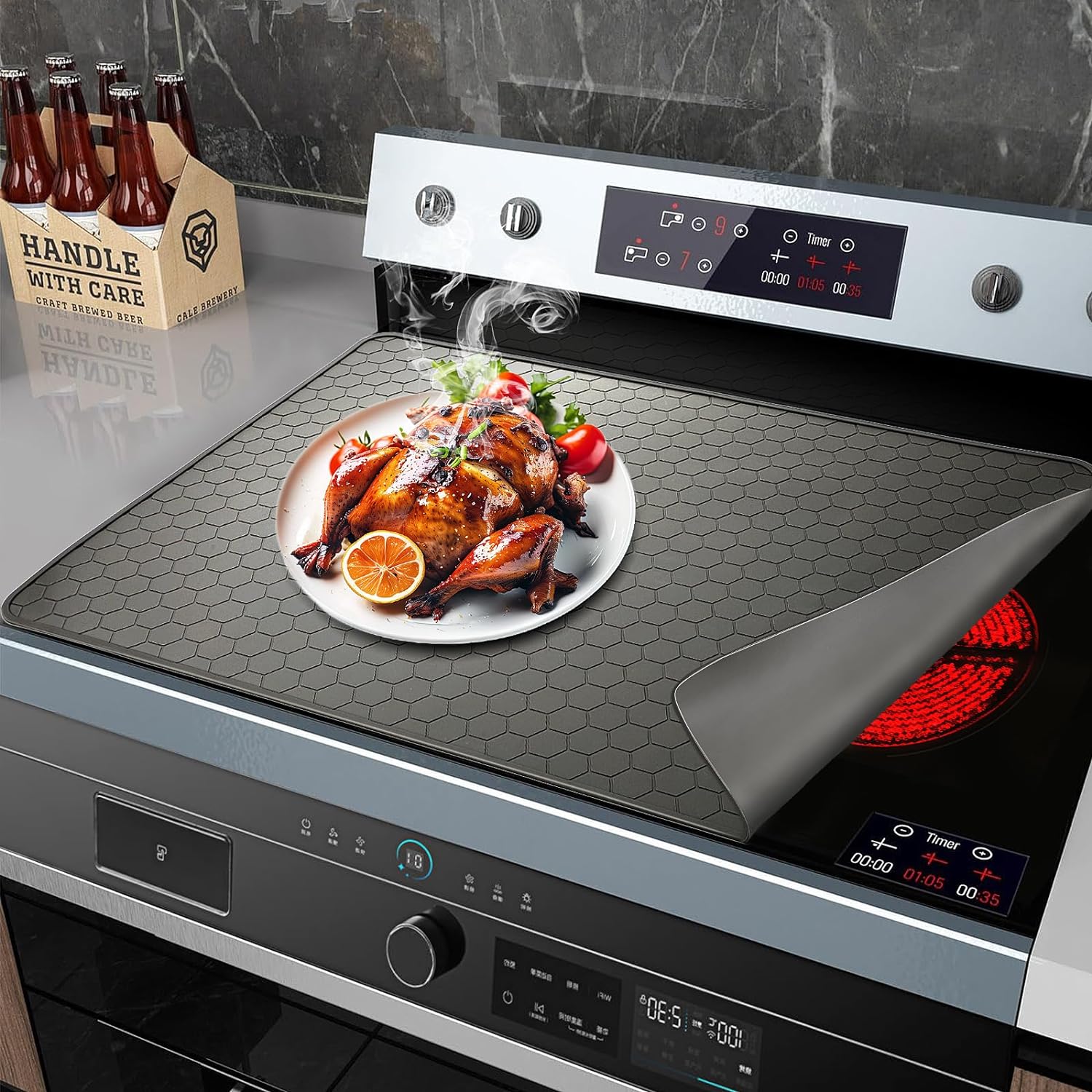 Pokrywa górna do kuchenki elektrycznej 70x50cm, składana pokrywa górna ze szkła ceramicznego, mata odporna na ciepło, szara