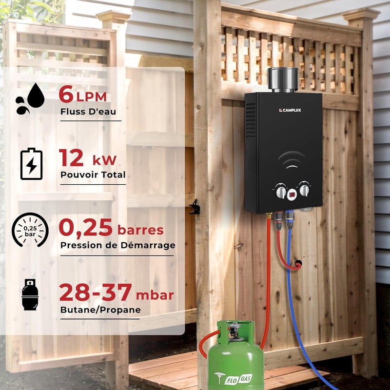 CAMPLUX BW158BC Chauffe-eau à Gaz de 6L/min Avec Housse de pluie, Chauffe-eau instantanés Noir 11KW au gaz propane/butane 30/37mbar - 2