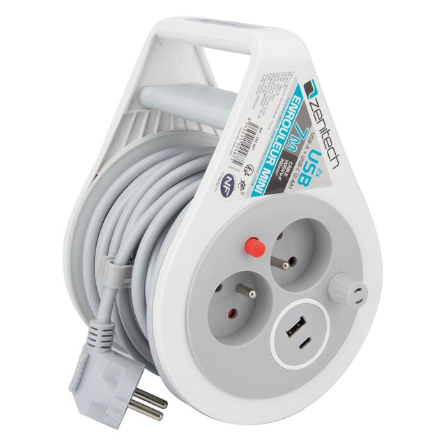 Mini enrouleur 2 prises 2P+T + 2 USB - 7m - Gris - Zenitech