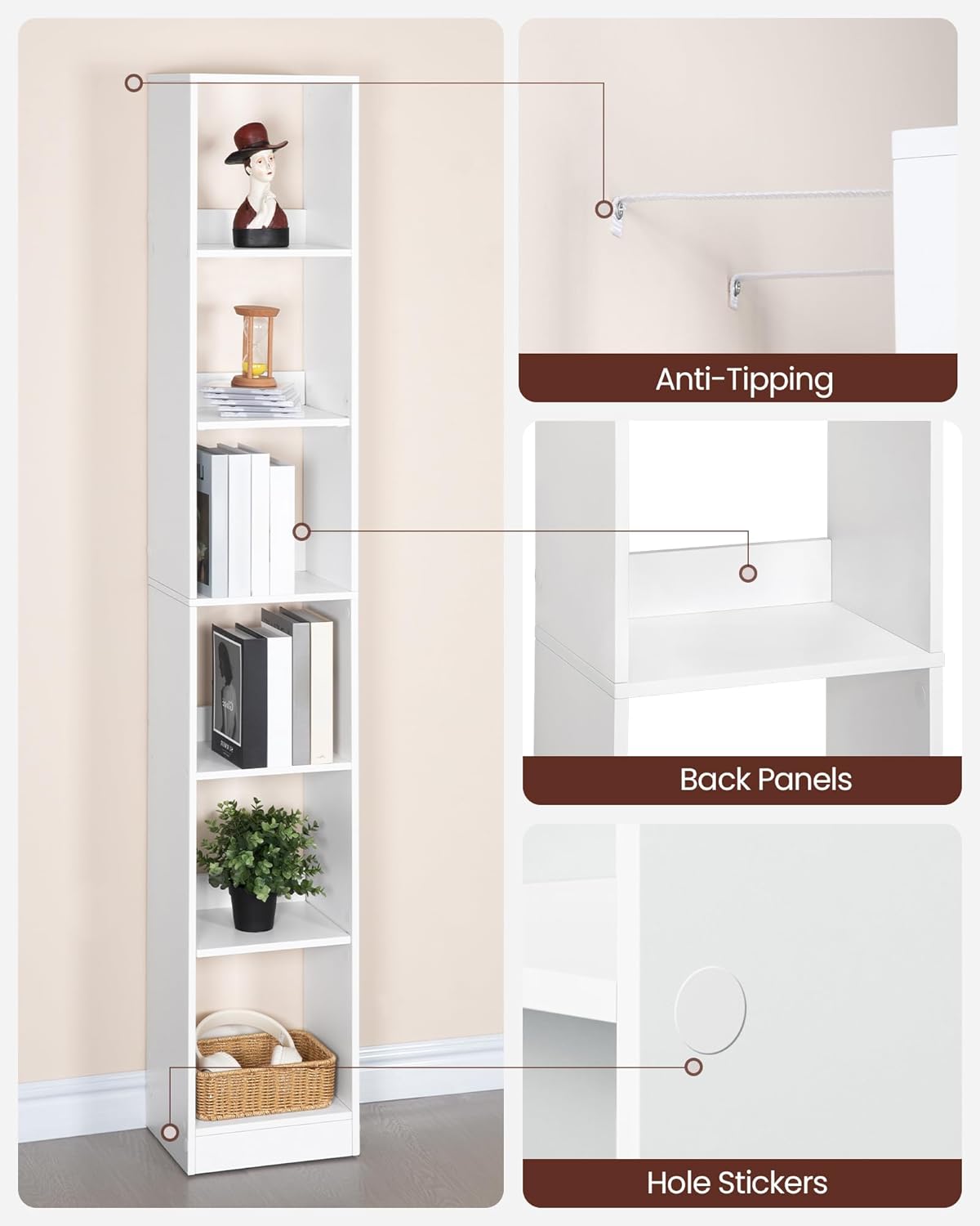 Librería de 6 Niveles, Estantería Libros, para Salón, Estudio, Oficin, Dormitorio, Estilo Escandinavo, 24 x 30 x 184,4 cm, Blanco - 3