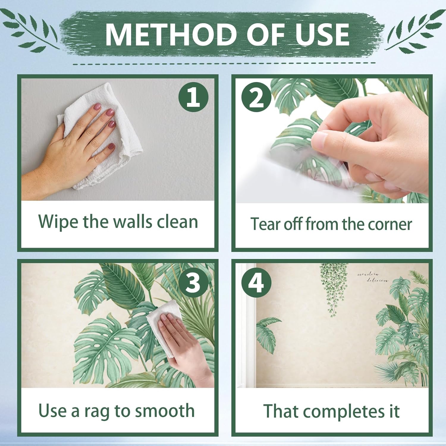 Adesivi murali a 2 foglie, adesivi murali con piante verdi tropicali, adesivi decorativi per corridoi, soggiorni - 3