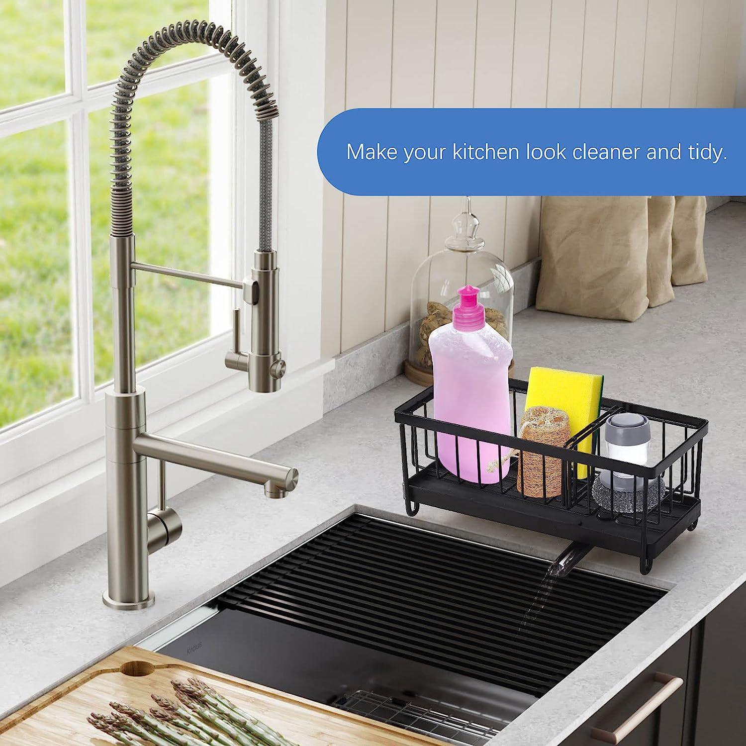 Support d'évier de cuisine, organisateur d'évier avec séparateur pivotant, distributeur de savon, porte-brosse noir - 4