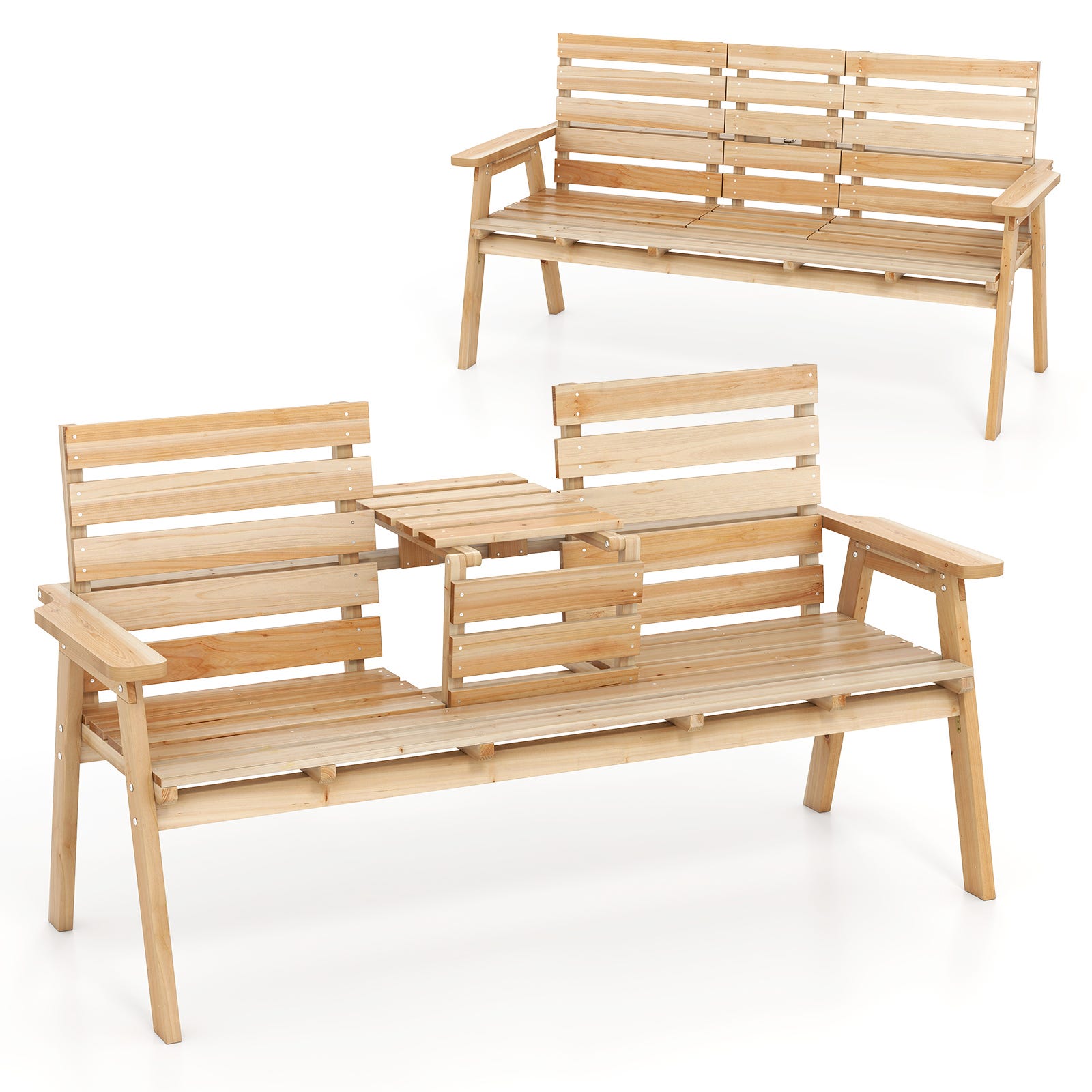Panca Da Giardino In Legno Di Abete Con Tavolo Centrale Pieghevole - 2/3 Posti, 160x64x86 Cm, Carico 320 Kg