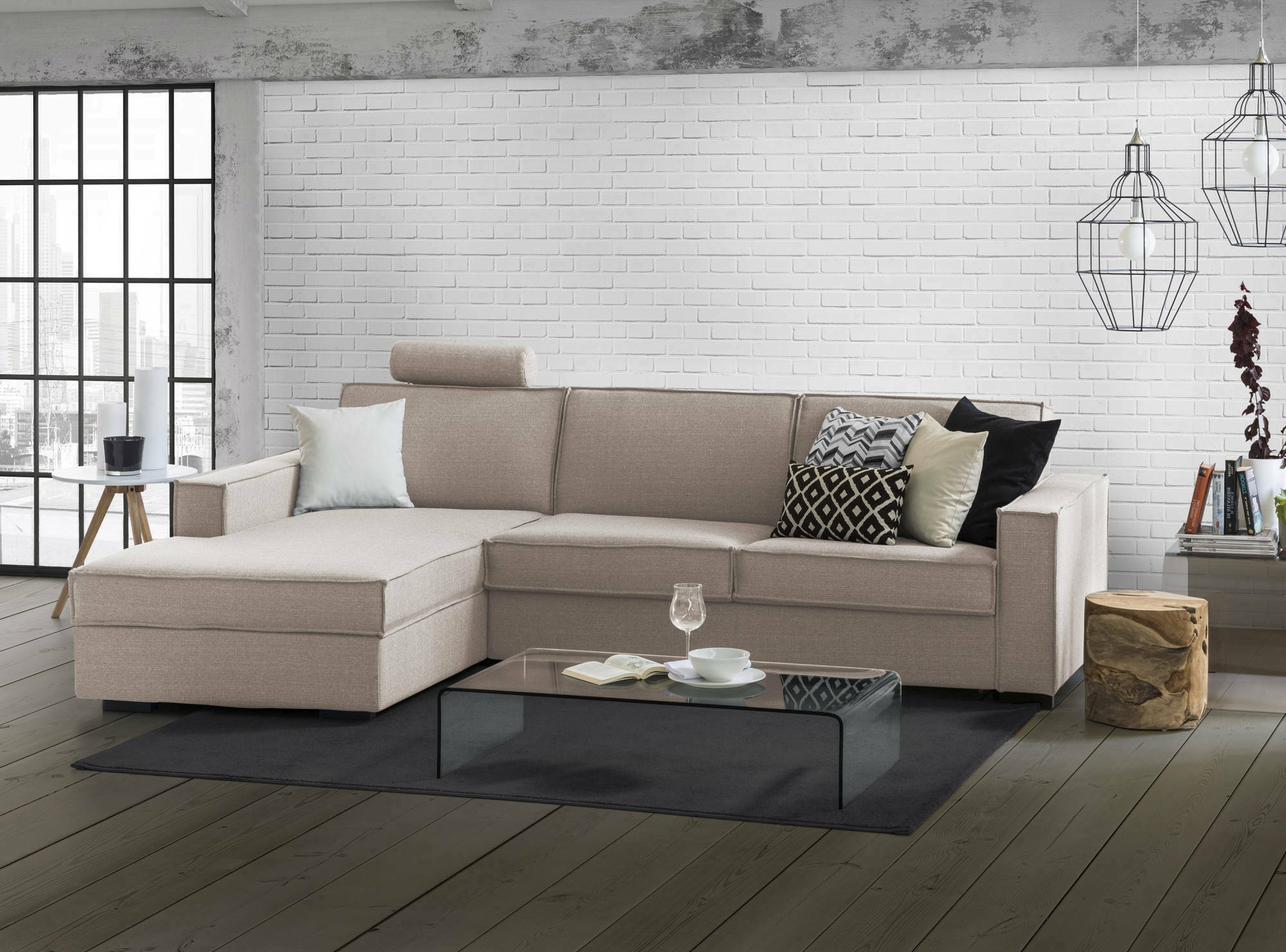 Sofá cama adima, sofá de esquina, sofá con apertura giratoria, península contenedor izquierda, con reposabrazos delgados, cm 260x95h90