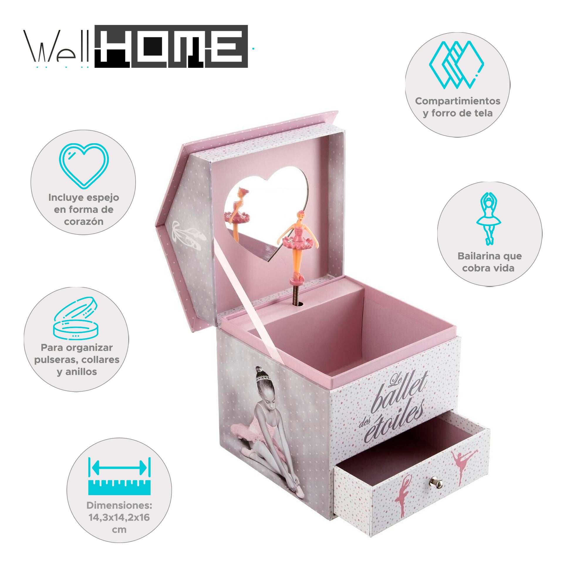 WELLHOME - Boîte à bijoux musicale avec boîte de rangement ballerine 14,3x14,2x16cm - 2