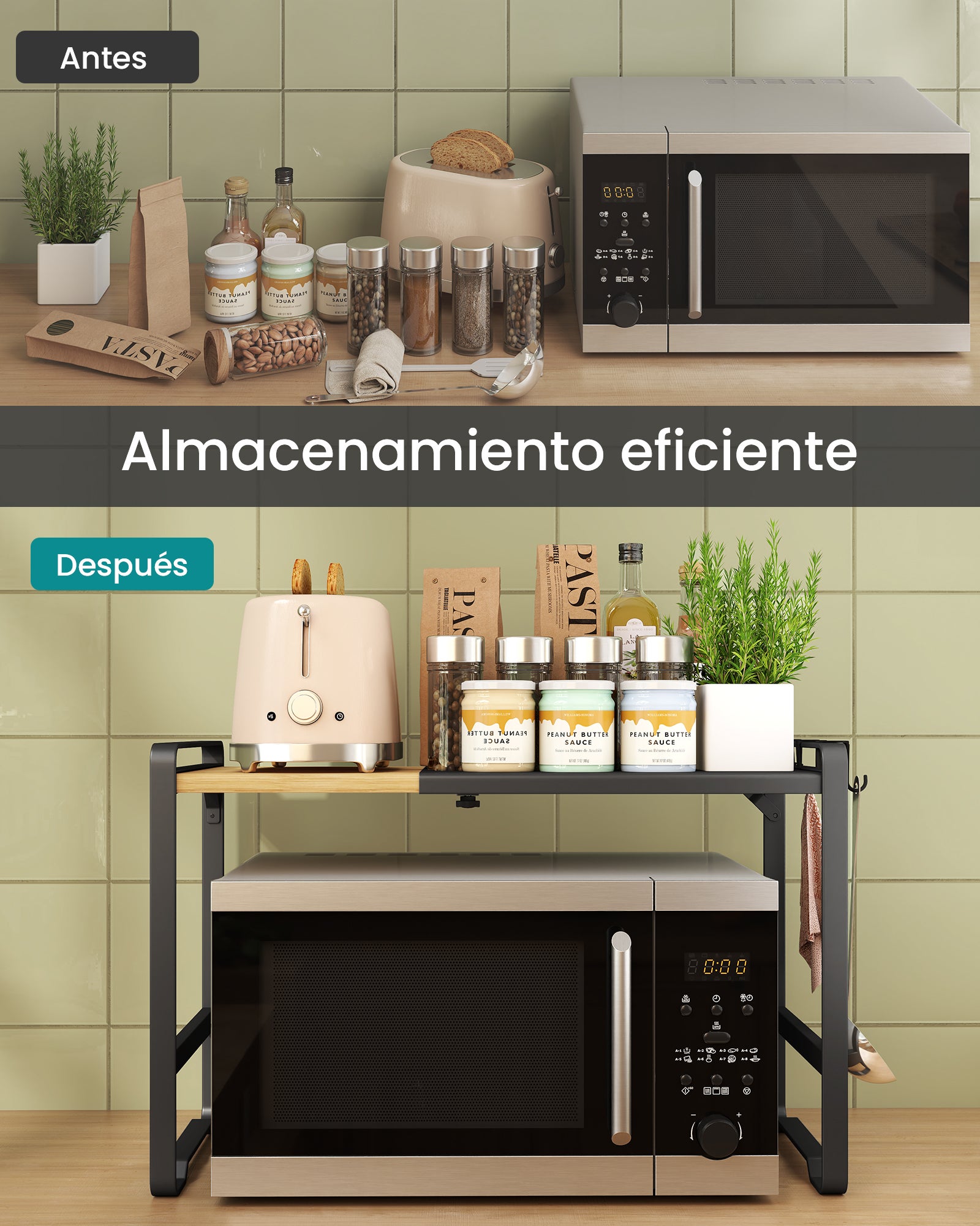 Estante Expandible para Microondas, Soporte para Microondas, Anchura Ajustable 41,5-64 cm, para Cocina, 4 Ganchos, Negro - 7