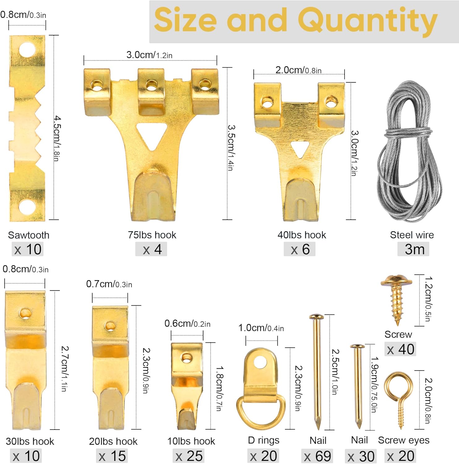 Glarks Kit Appendere Quadri 279 Pezzi: Set Completo Di Ganci, Chiodi, Filo E Anelli A D Per Tutte Le Pareti!