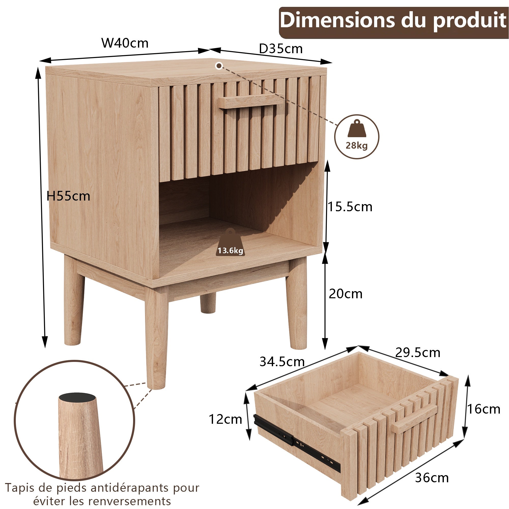 Lot de 2 Tables de Chevet - 40x35x55cm - avec Tiroir Ondulé et Niche Ouverte - Pieds en Bois Massif - en Bois Clair - 4