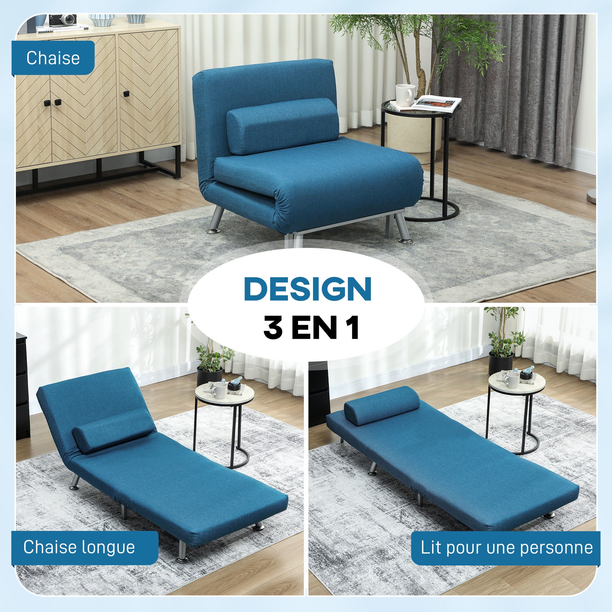 Fauteuil convertible 1 place tissu bleu HOMCOM - 4
