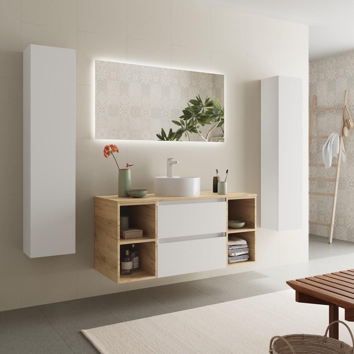 Meuble de salle de bain BEQUIA Plus 120cm Blanc mat /Chêne | Vasque à poser Porcelaine Centrale - 2