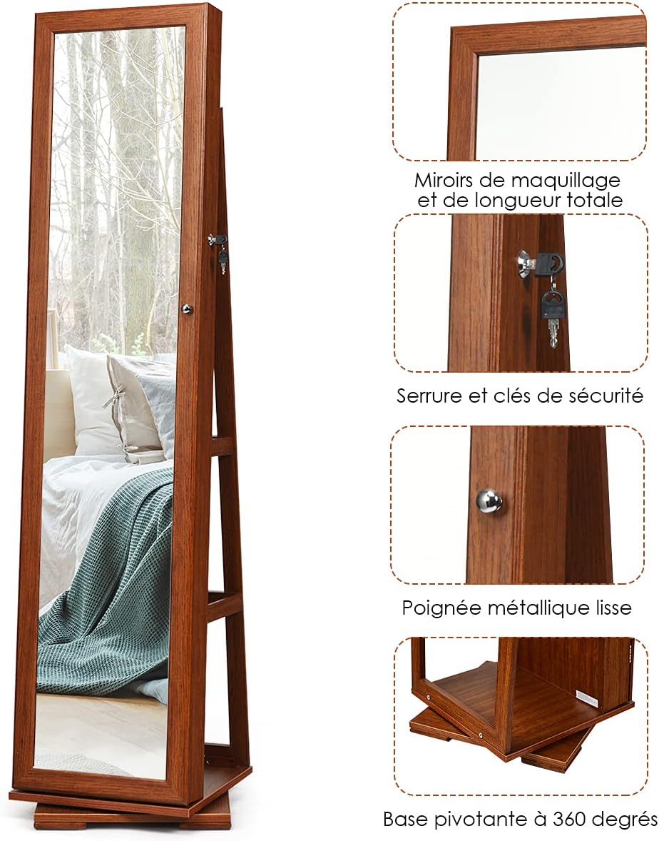 Armoire à Bijoux Pivotante à 360 Degrés sur Pieds,avec Grand Miroir Psyché et Etagère de Rangement à L’Arrière (Marron) - 4