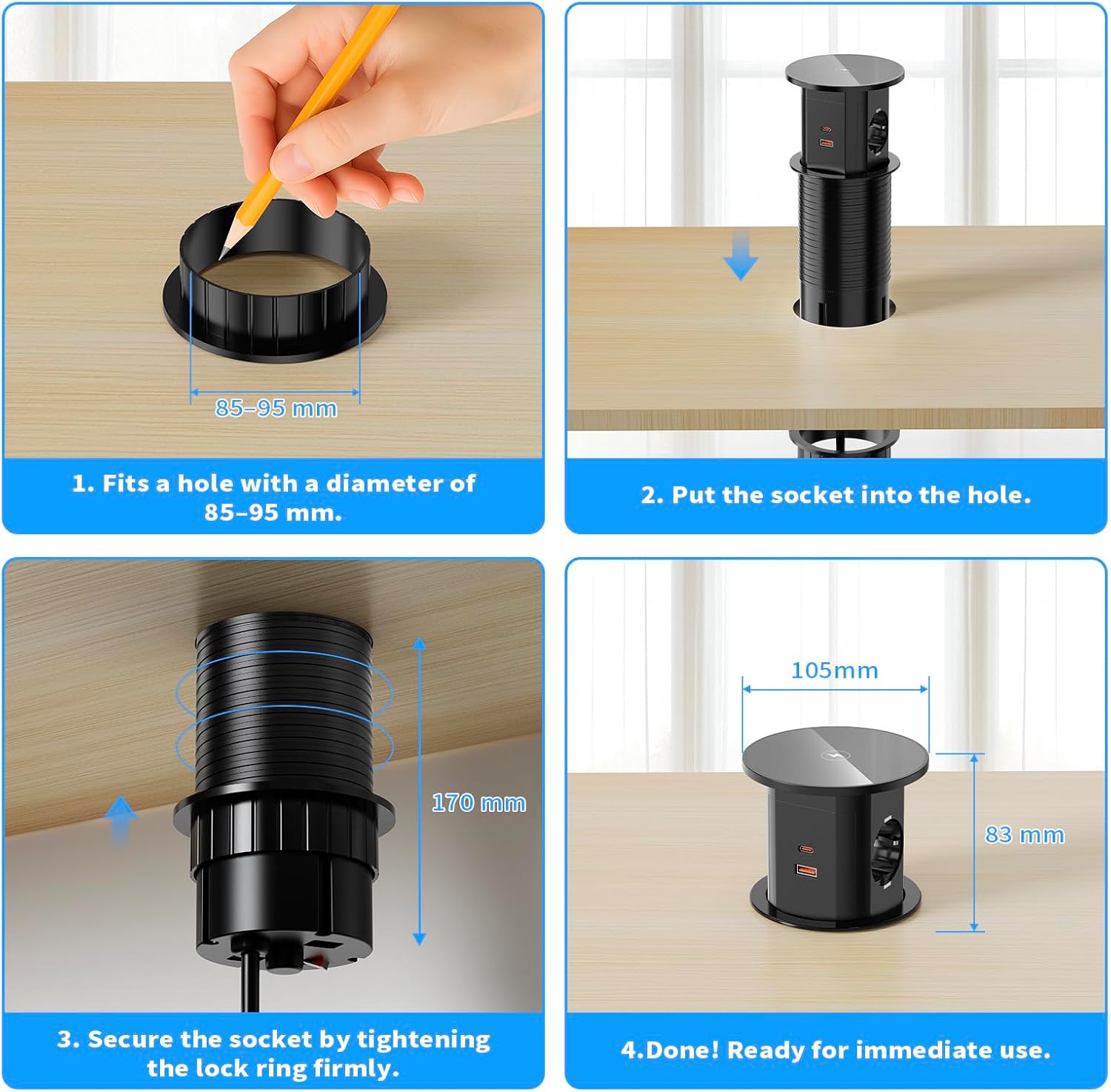 Prise électrique standard européenne avec charge sans fil 15 W, interrupteur, port USB-C de bureau, 1,8 m intégré - 6