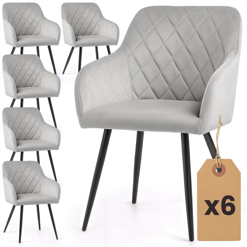 6x Welurowe krzesło tapicerowane pikowane w romby Szare VELTO Czarne nogi