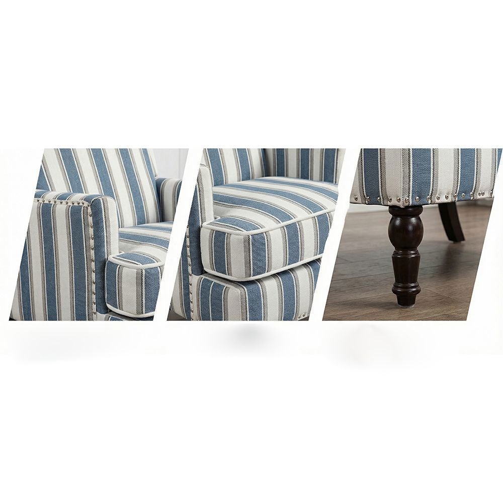 Chaise d'appoint rembourrée vintage tissu lin rayé bleu blanc bordure clous salon - 9