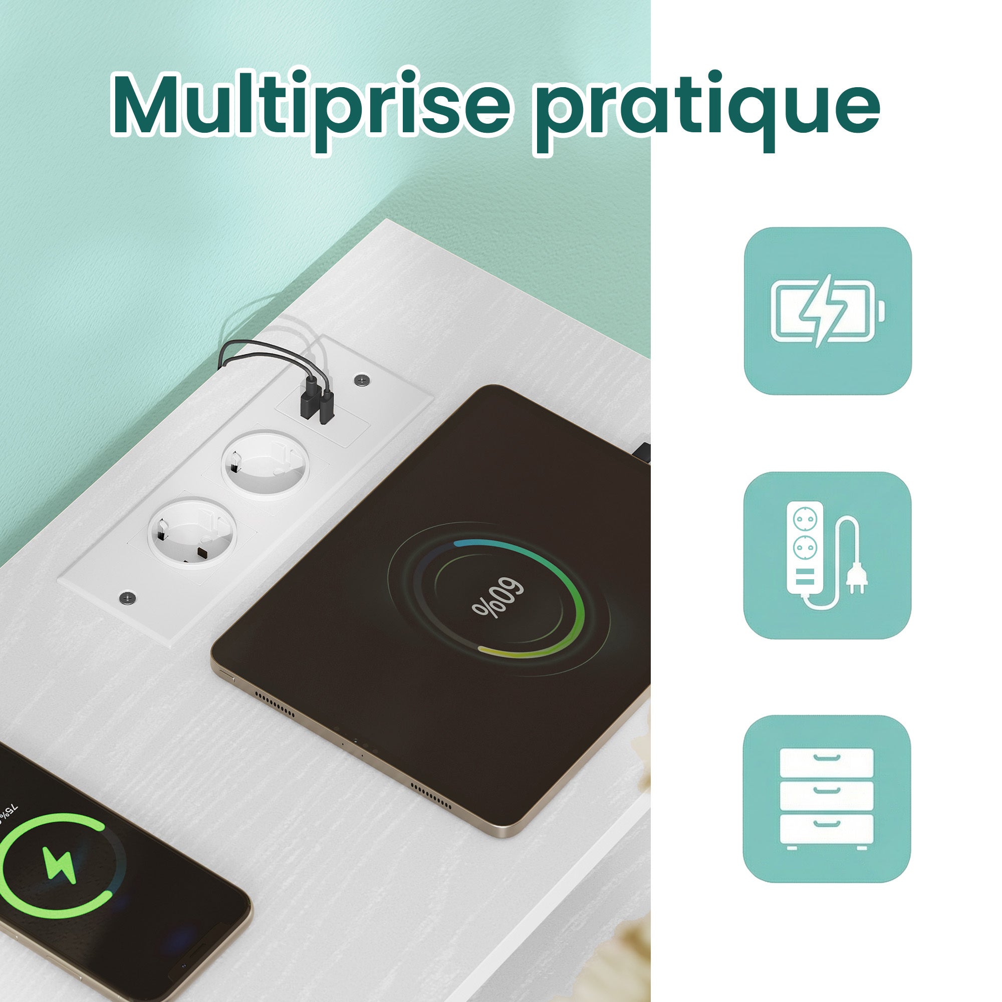 Meuble de Rangement avec LED Réglable et Multiprise, 5 Tiroirs en Tissu, Style Moderne, Chambre, Blanc - 7