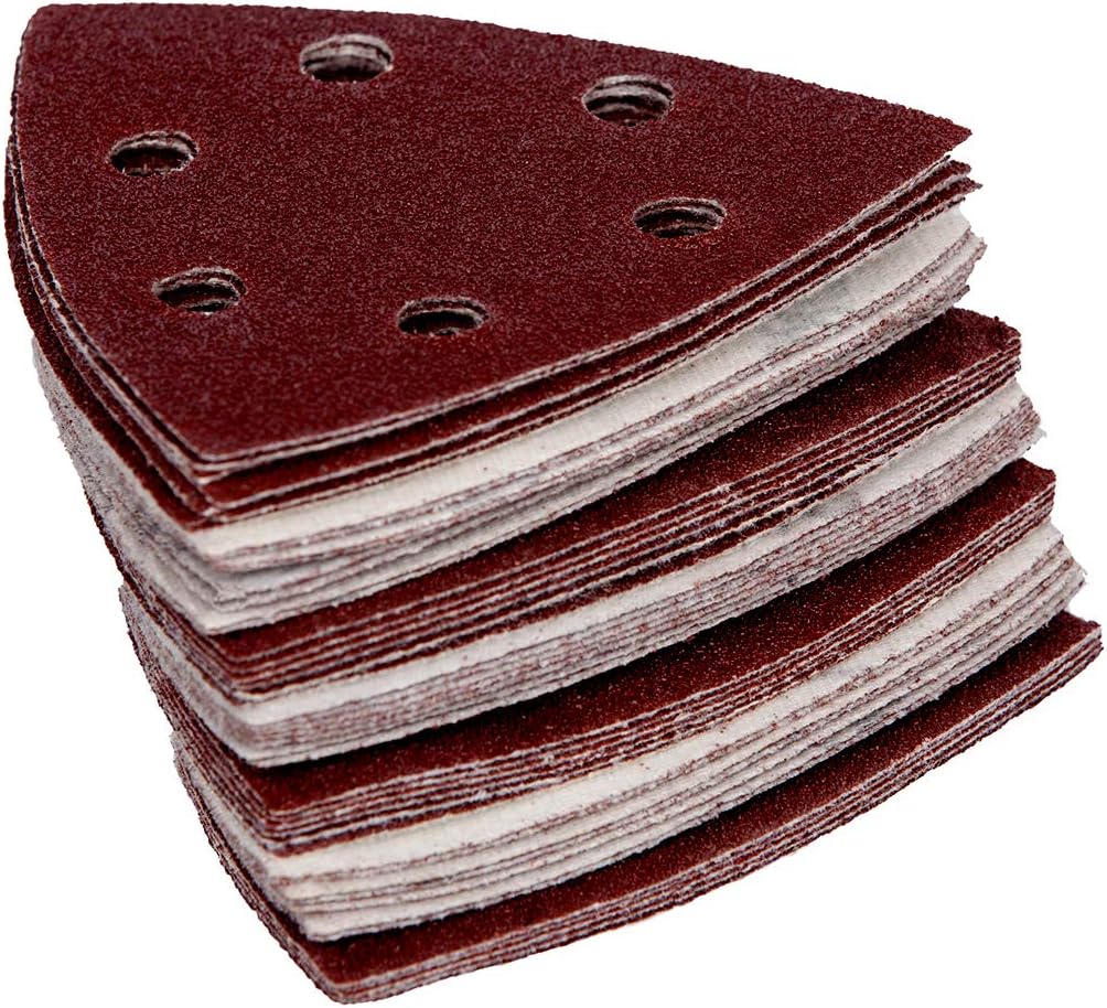 Lot de 120 triangles abrasifs pour ponceuse delta – 90 x 90 x 90 mm – 6 trous – Grains 40/60/80/120/180/240 (20 de chaque) - Papier de verre - 2