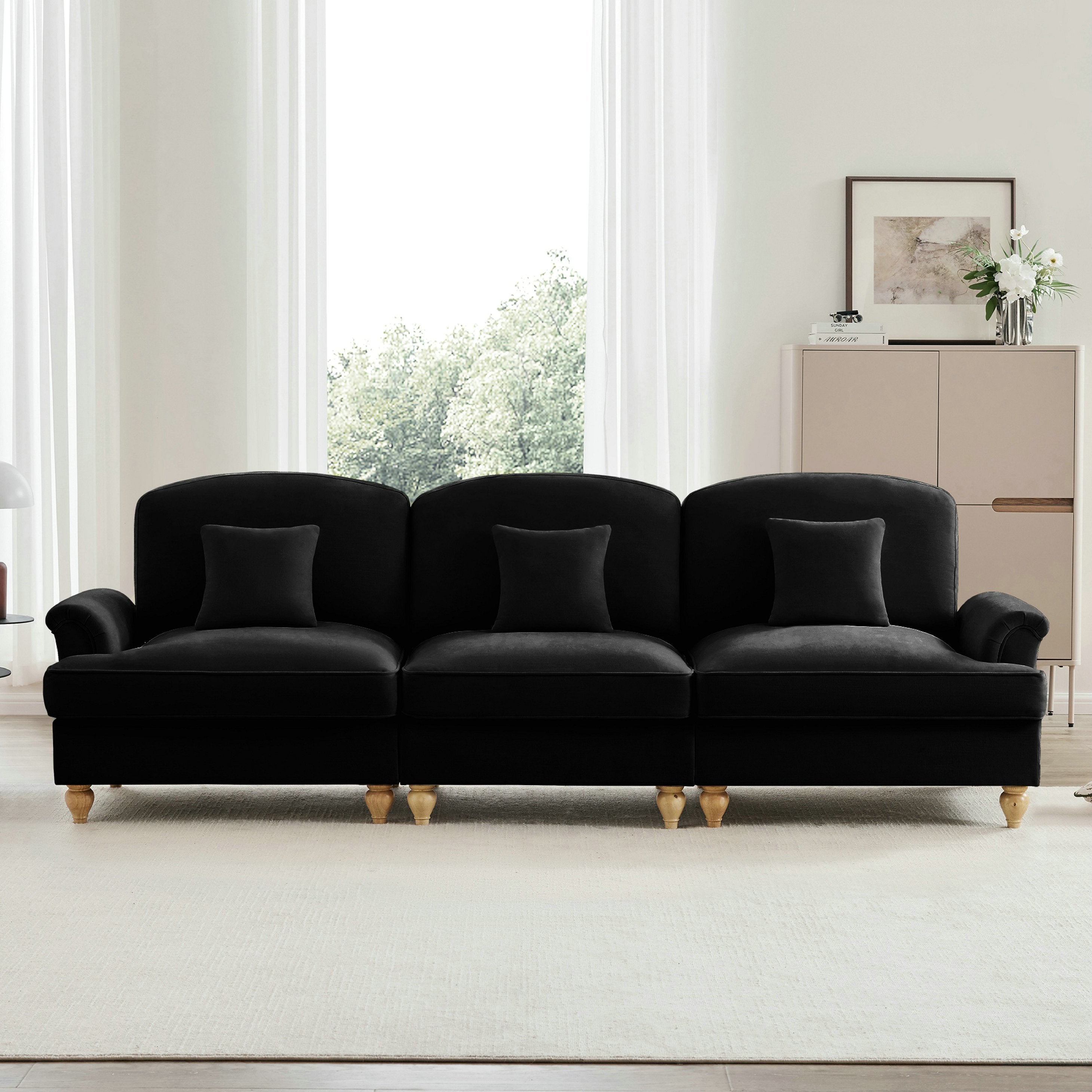 Canapé 3 places élégant style Mid-Century - avec accoudoirs évasés - jupe à volants amovible - en chenille confortable - noir - 2