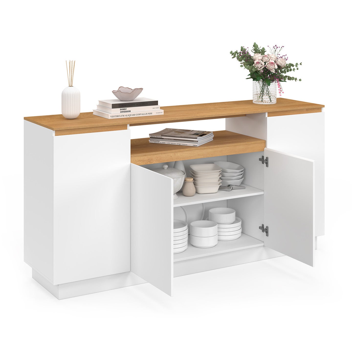 Buffet 160 cm SERENA 4 portes avec niche centrale blanc et plateau effet bois - 4