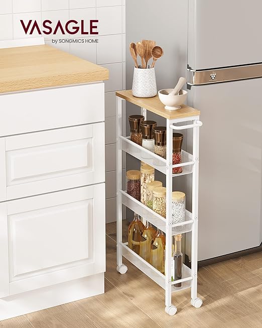 Desserte 4 Niveaux, Étagère de Cuisine Fin avec roulettes, Desserte Mobile, Cadre en Acier, Poignée, Petit Espace, Couleur Chêne et Blanc - 2
