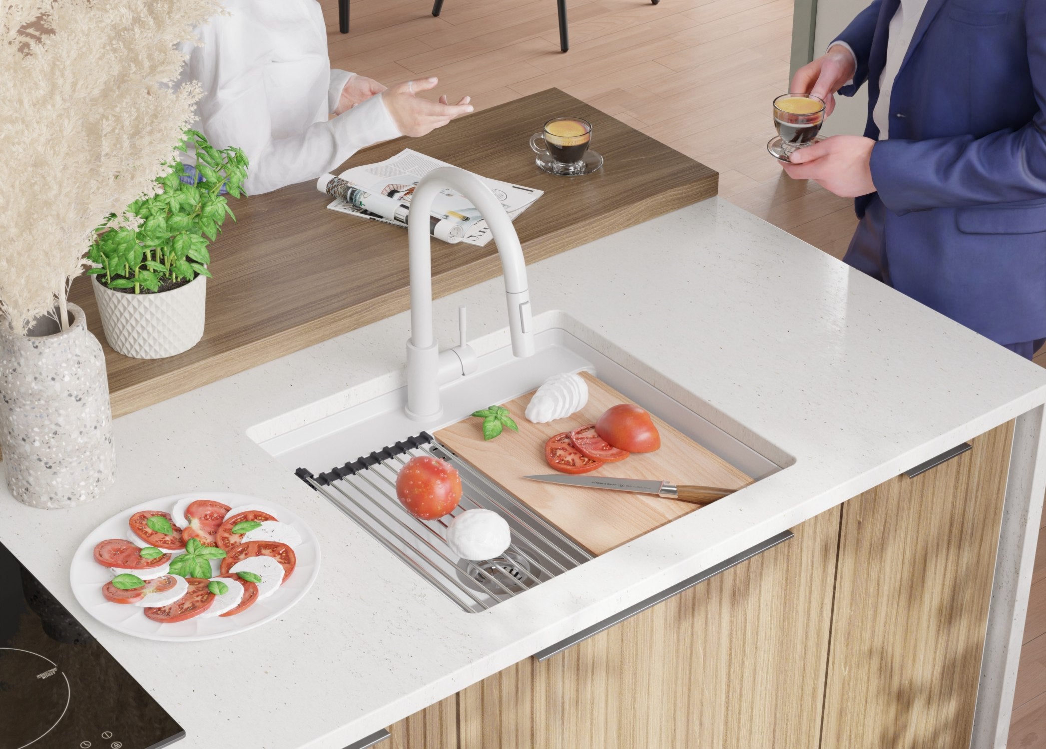 Lavello sottotop Bianco 56x53cm, Lavandino in Granito a 1 vasca + Sifone Classico + Tagliere, Lavabo da Cucina al mobile 60cm - Bergen PRIMAGRAN - 4