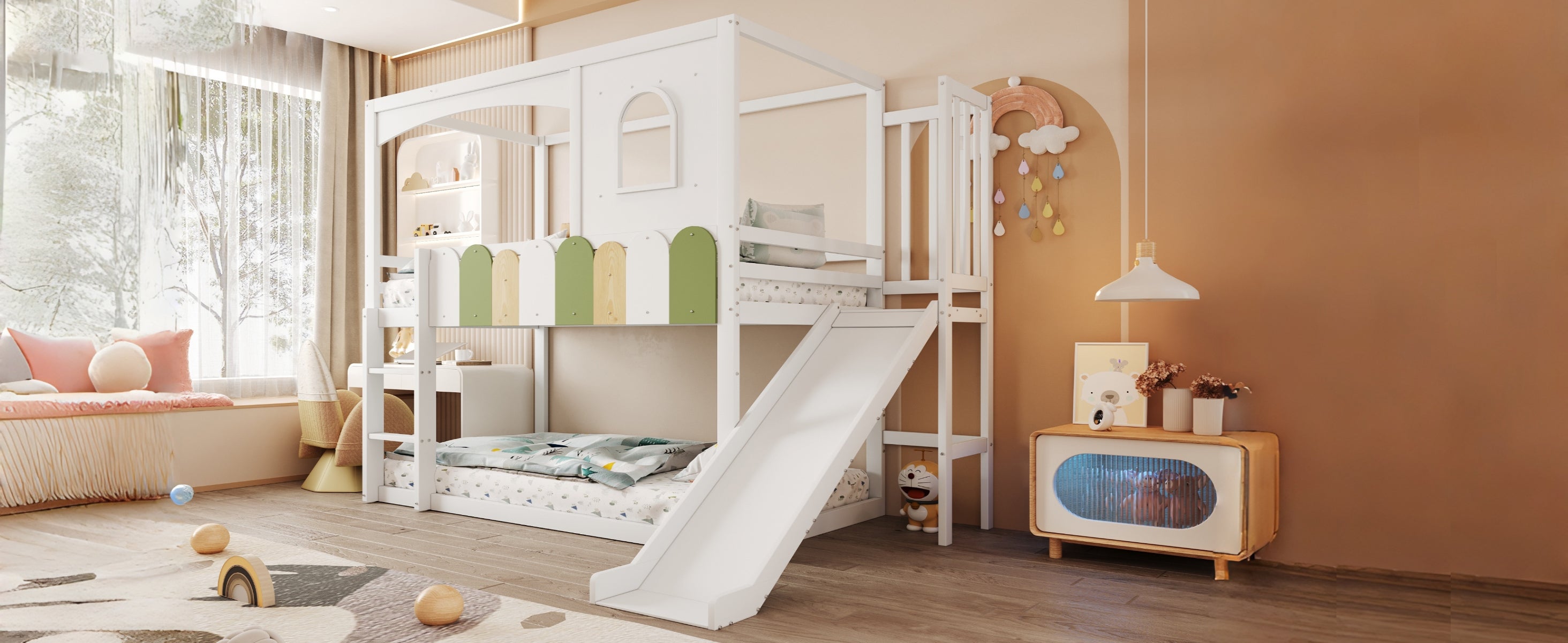 Łóżka piętrowe 2 x 90 x 200 cm ze zjeżdżalnią, barierkami i oknem - sosna + sklejka + płyta MDF - białe (materace nie są wliczone w cenę) - 6