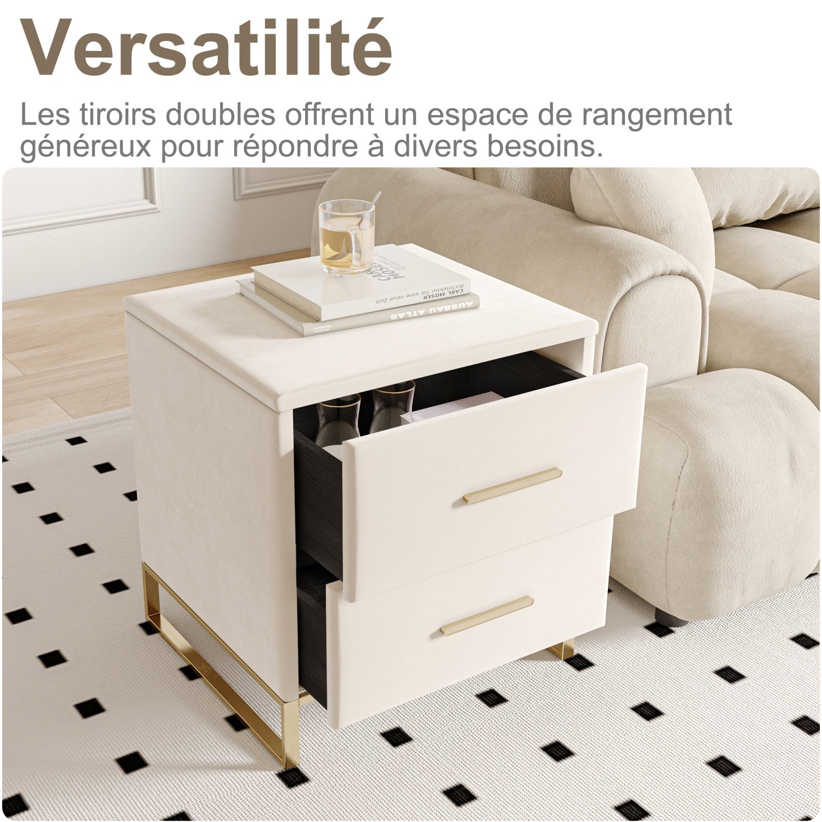 Lot de 2 Tables de chevet,Velours Beige, avec 2 Tiroirs et Poignées Dorées, Base Métallique Dorée, Design Minimaliste et Élégant, idéal pour Chambre - 7