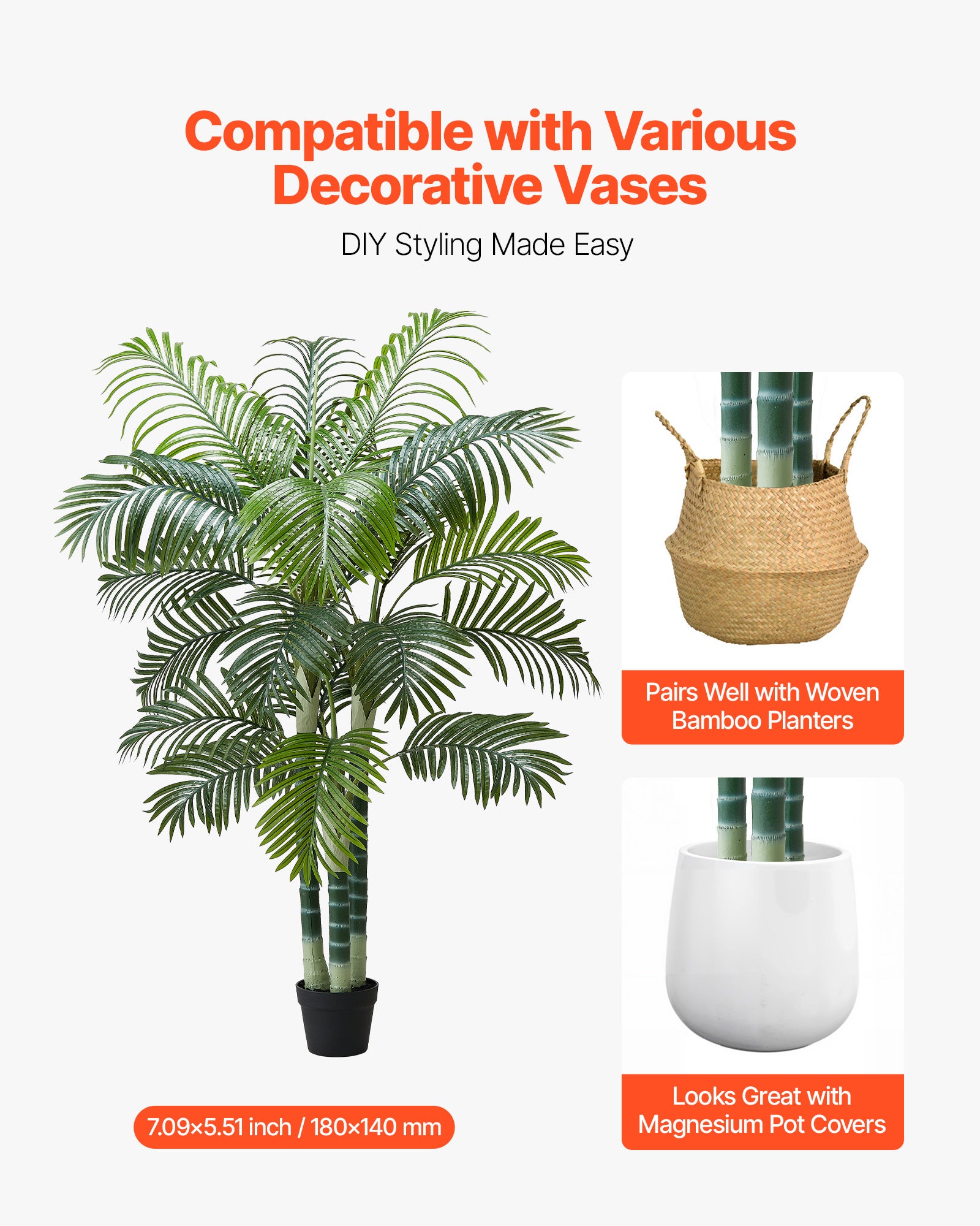 Palmeira artificial VEVOR, 1,8 m, planta tropical em vaso branco, tronco grosso, decoração interior e exterior, escritório, árvore falsa - 5