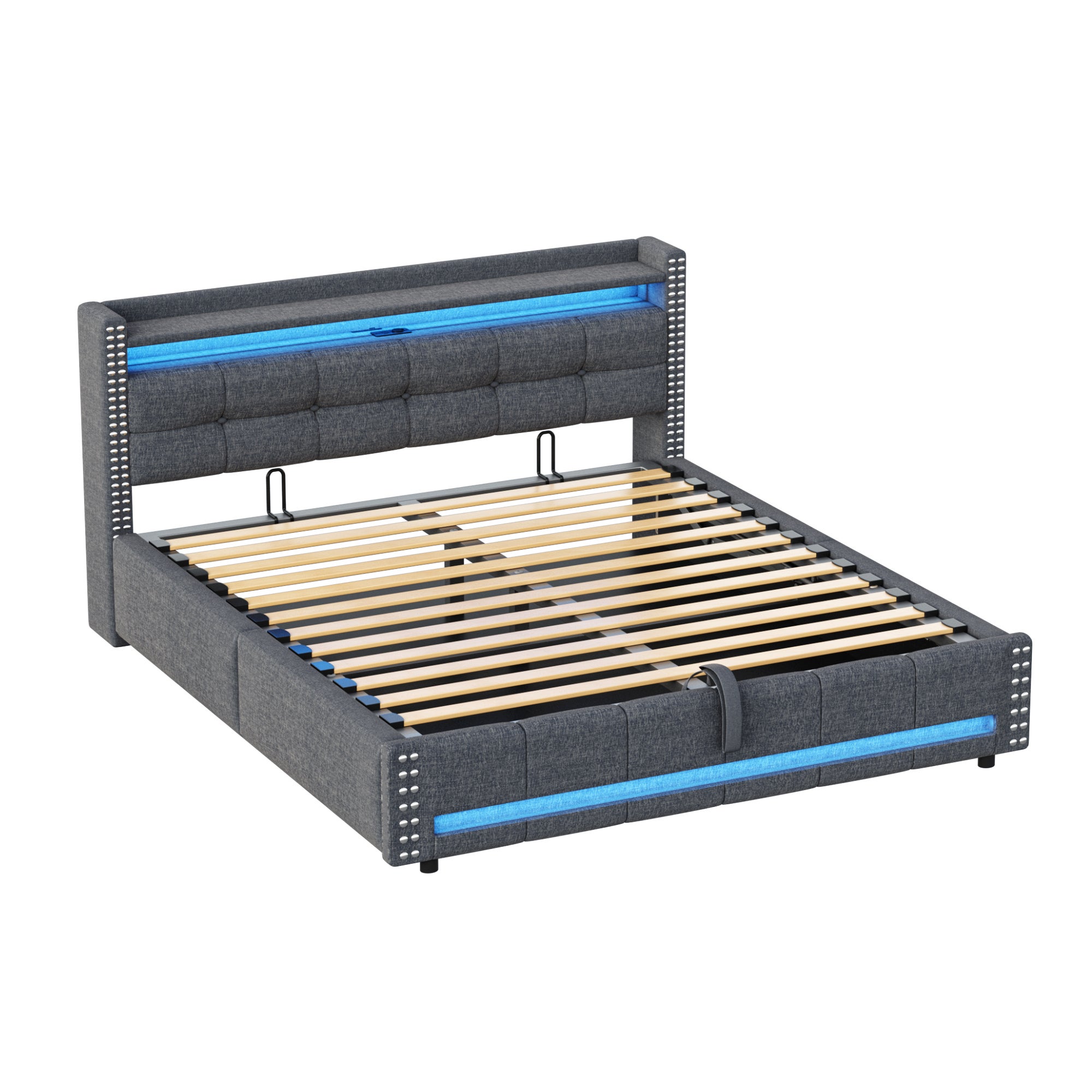 Cama con almacenaje de lino 160x200 cm - con LED y toma USB - con somier - Gris - 7