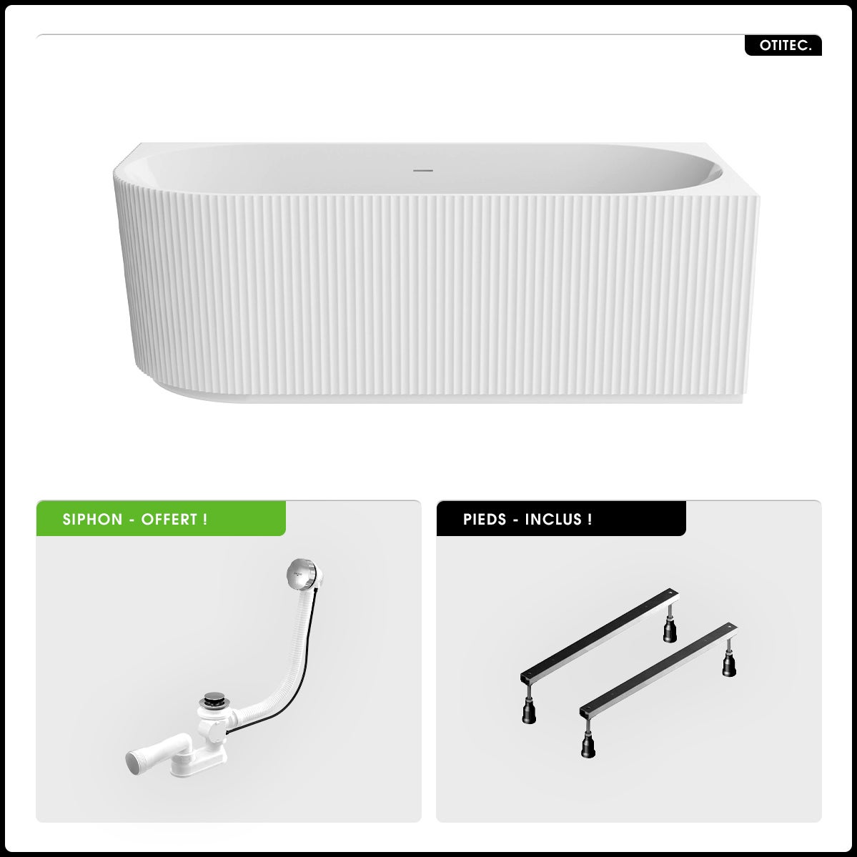 Bañera asimétrica - 150 x 75 cm - Derecha - Con sifón Cromado - Pies - INCLUIDOS - DENAYA - 2