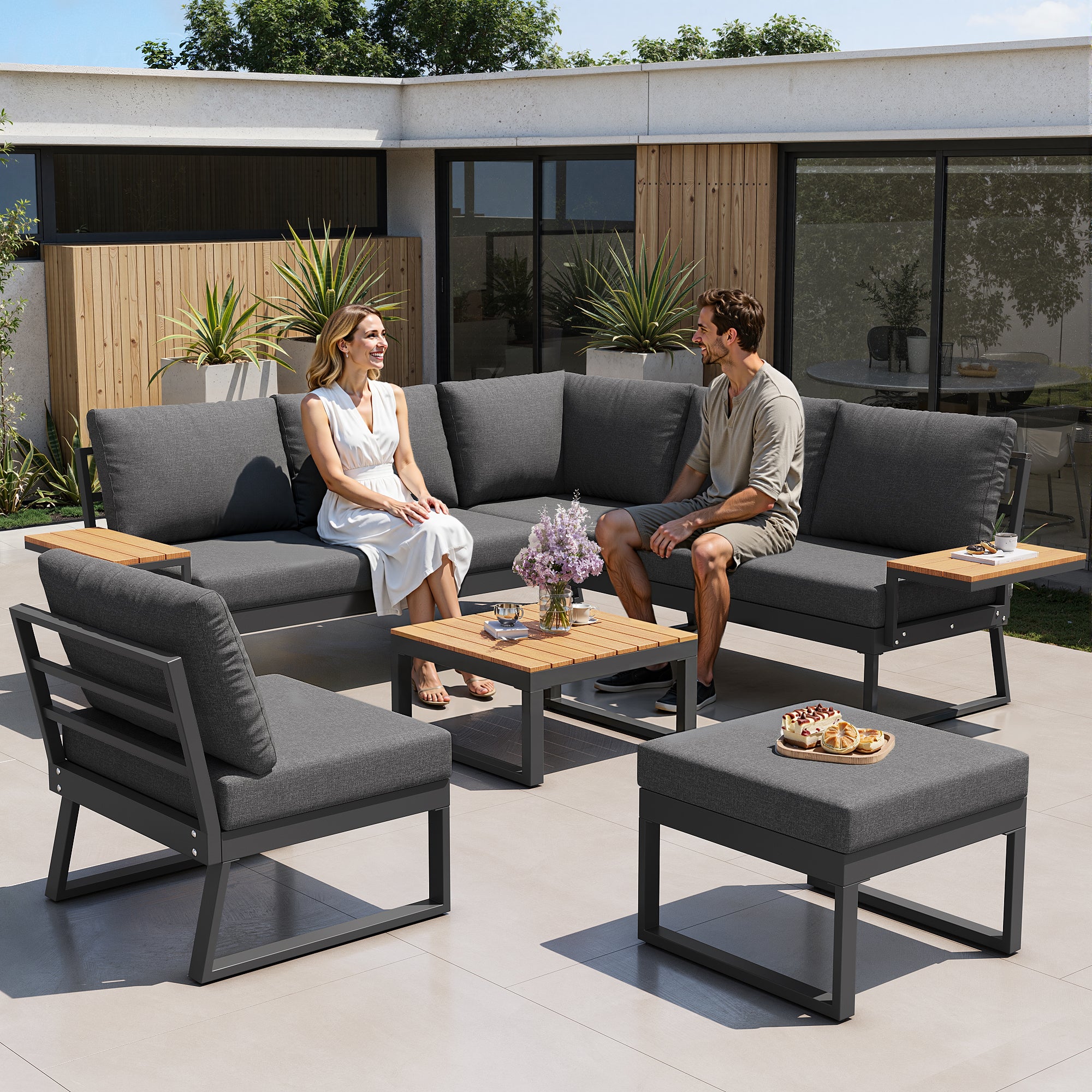 Salon de jardin en fer forgé pour 7 personnes, canapé de jardin en forme L, mobilier pour balcon et terrasse, ensemble de 5 pièces, avec coussins gris - 3