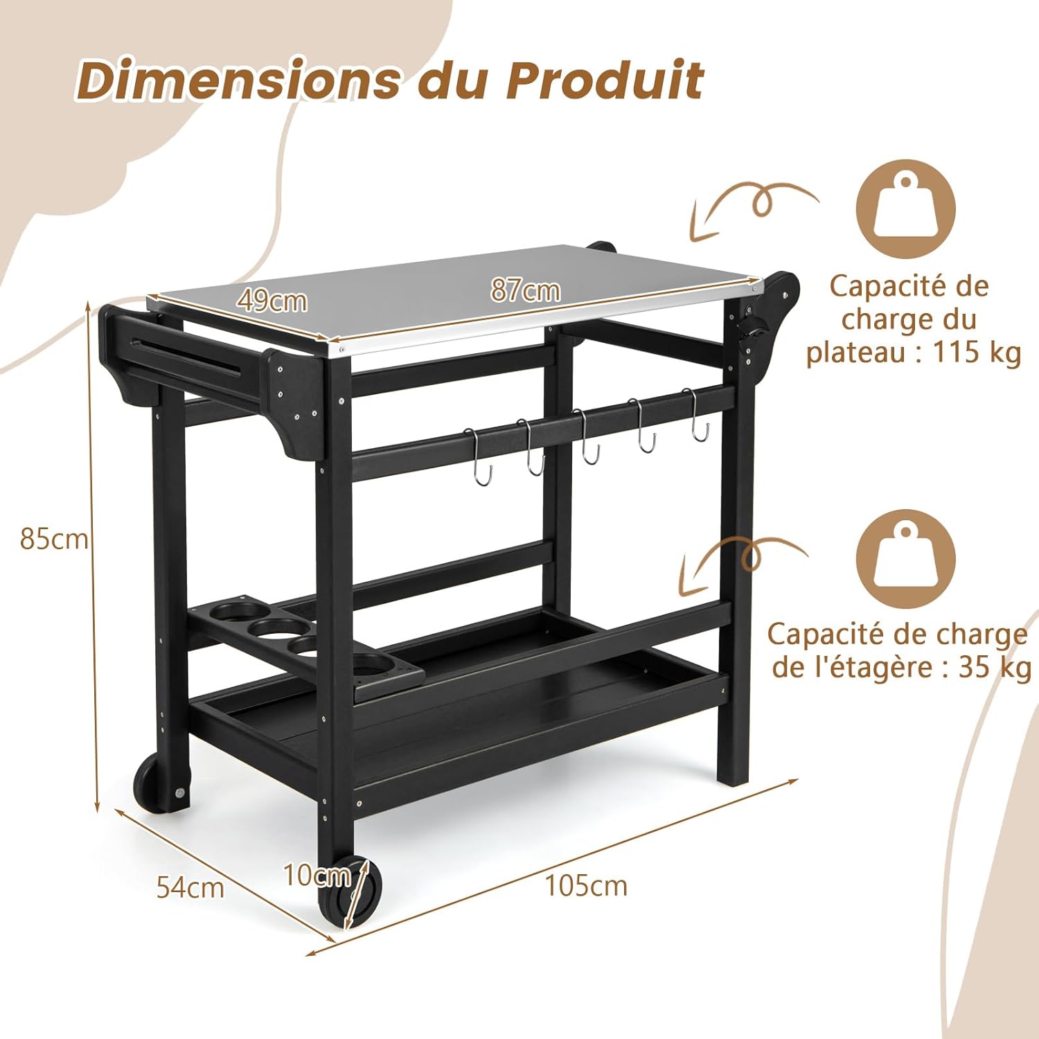 Chariot Extérieur pour Barbecue Desserte Plancha - Comptoir Acier Inoxydable, Poignée, Charge 115+35KG, 105x54x85 cm - 2