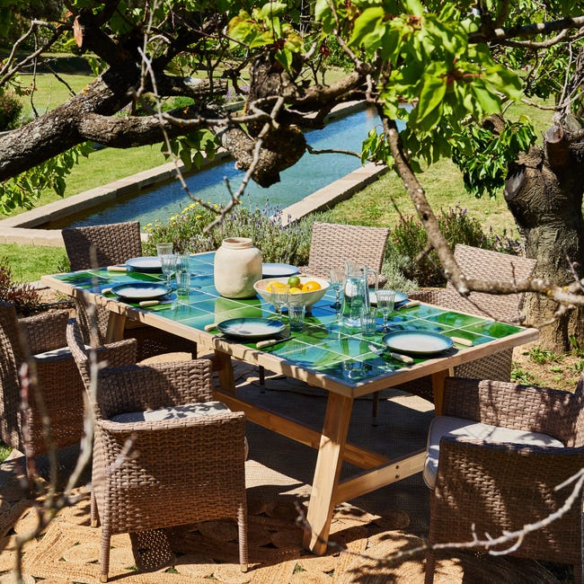 Set da pranzo da giardino tavolo legno e ceramica verde 200x100