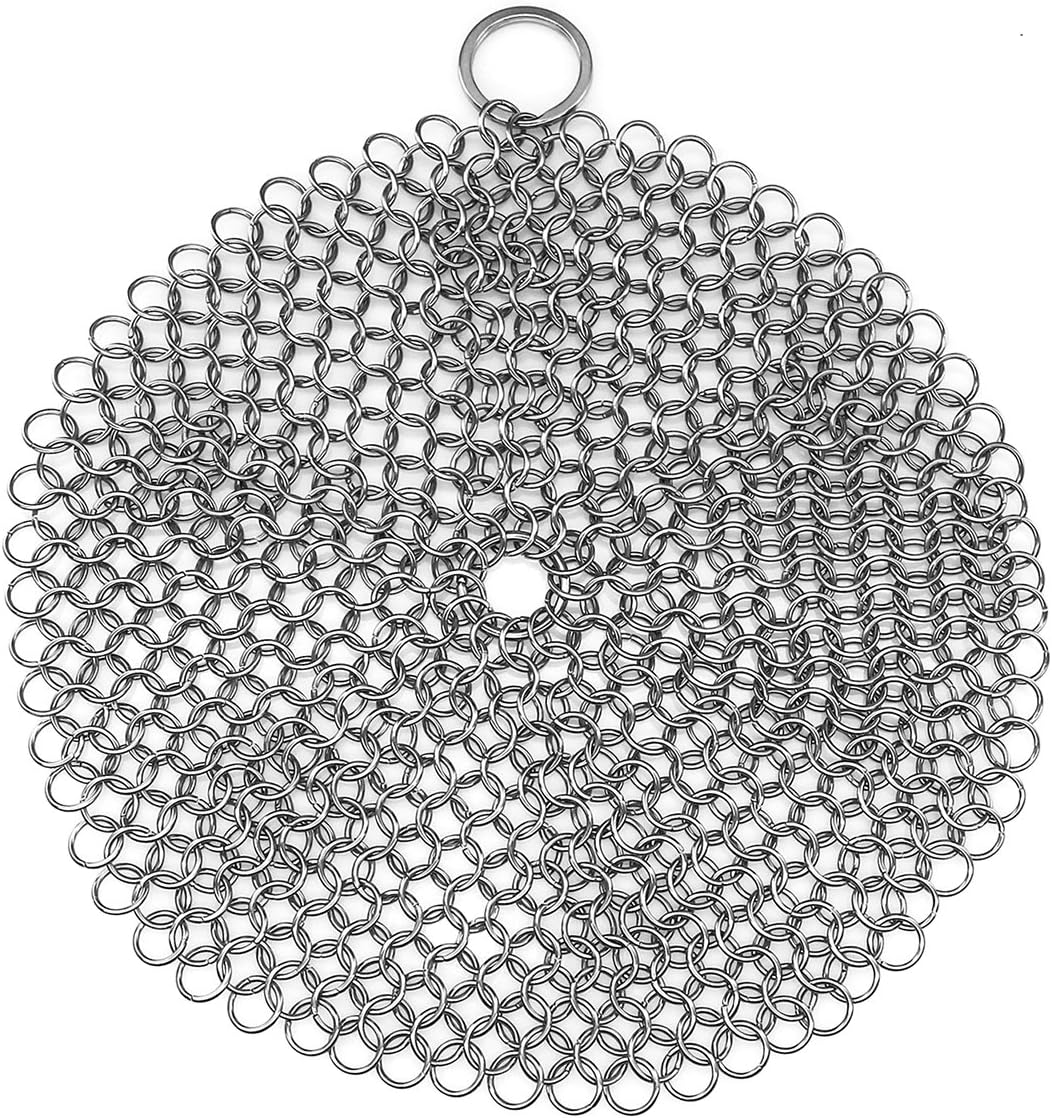 Skrobak do czyszczenia patelni żeliwnych i innych okrągłych naczyń kuchennych o średnicy 17,5 cm, wykonany ze stali nierdzewnej 304