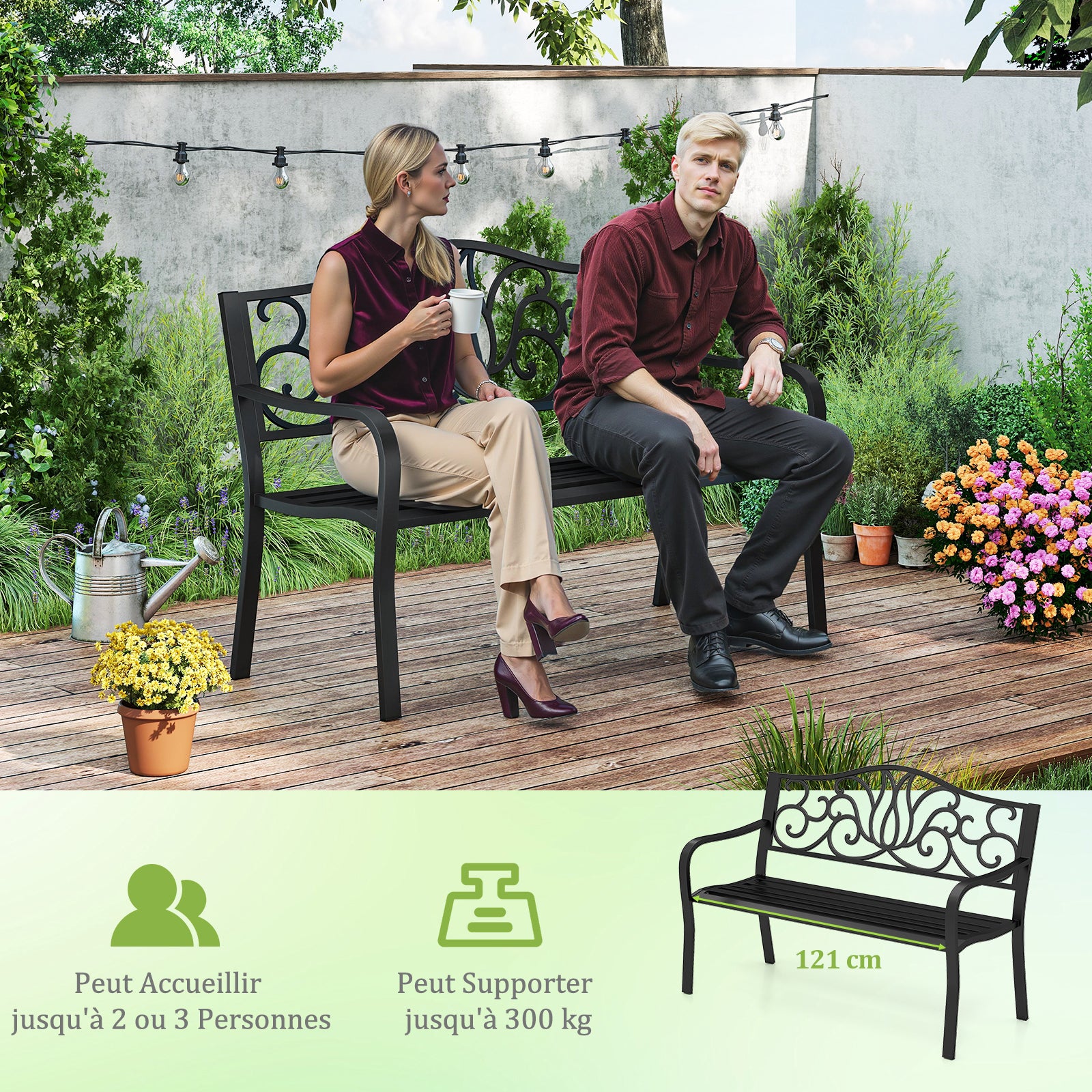 Banc de Jardin 127CM pour 2-3 Personnes, en Fonte avec Dossier à Motif Floral et Siège à Lattes, Banc de Patio avec Accoudoirs, Noir - 4