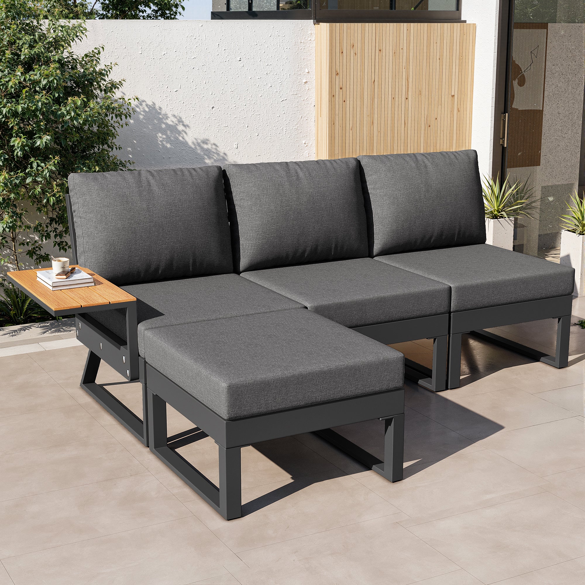 Salon de jardin inclinable en fer 7 places : 1 canapé d'angle 5 places + 1 fautueil + 1 tabouret + 1 table basse carrée - Gris - 6