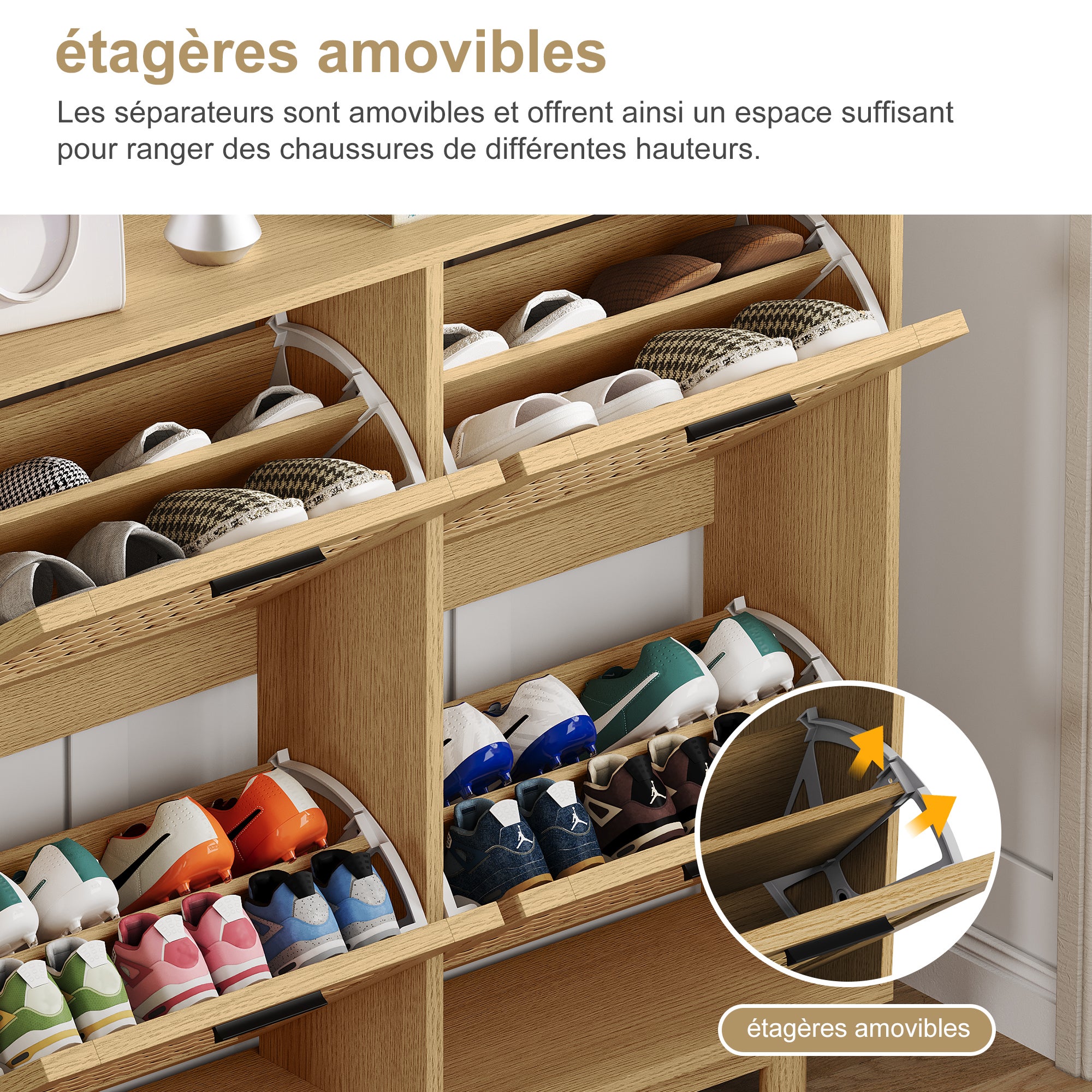 Meuble à Chaussures, Armoire à Chaussures Entree avec 4 Porte en Rotin, Meuble de Rangement à Chaussures Armoire pour Entrée, Couloir et Chambre, Bois - 5