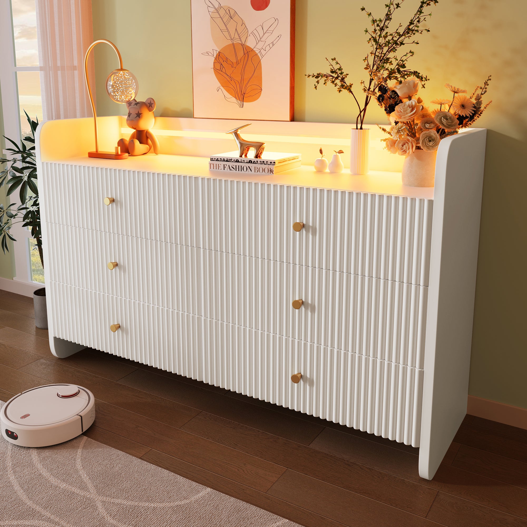 Komoda-LED-szuflady-120x40x75cm-biały-nowoczesny-falisty-wzór-salon-sypialnia