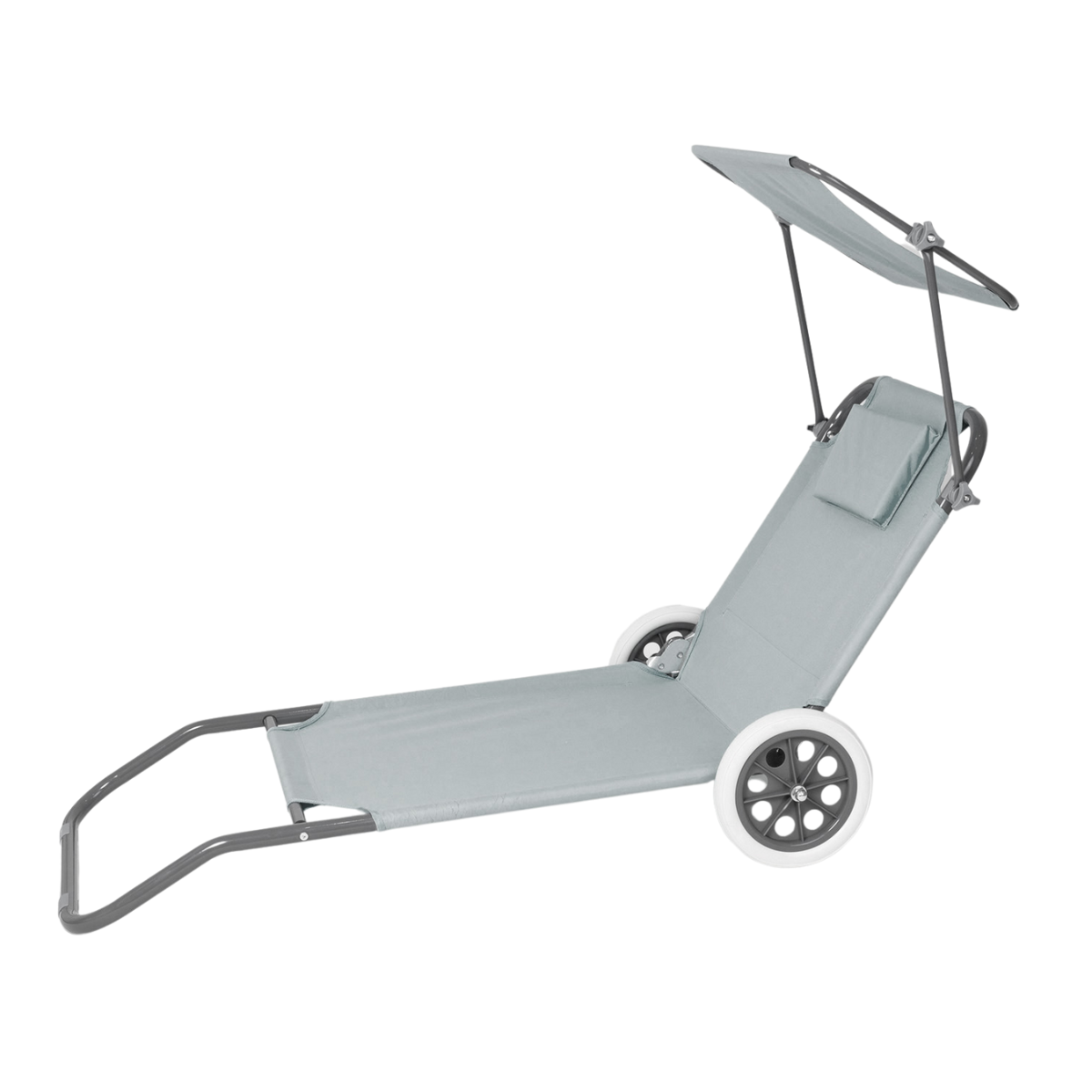 Składany leżak turystyczny plażowy, ogrodowy z daszkiem i kółkami, regulowane oparcie, szary Be-active.pl
