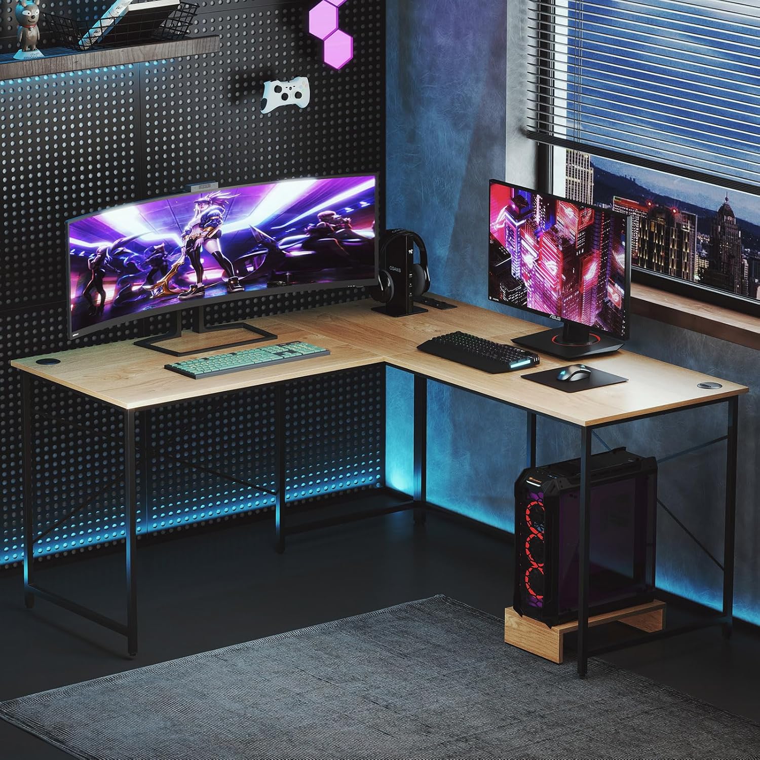 Scrivania Angolare Salvaspazio Reversibile, Scrivania ad Angolo a Forma di L con Presa Integrata, Supporto per Host e Fori per la Gestione dei - 4