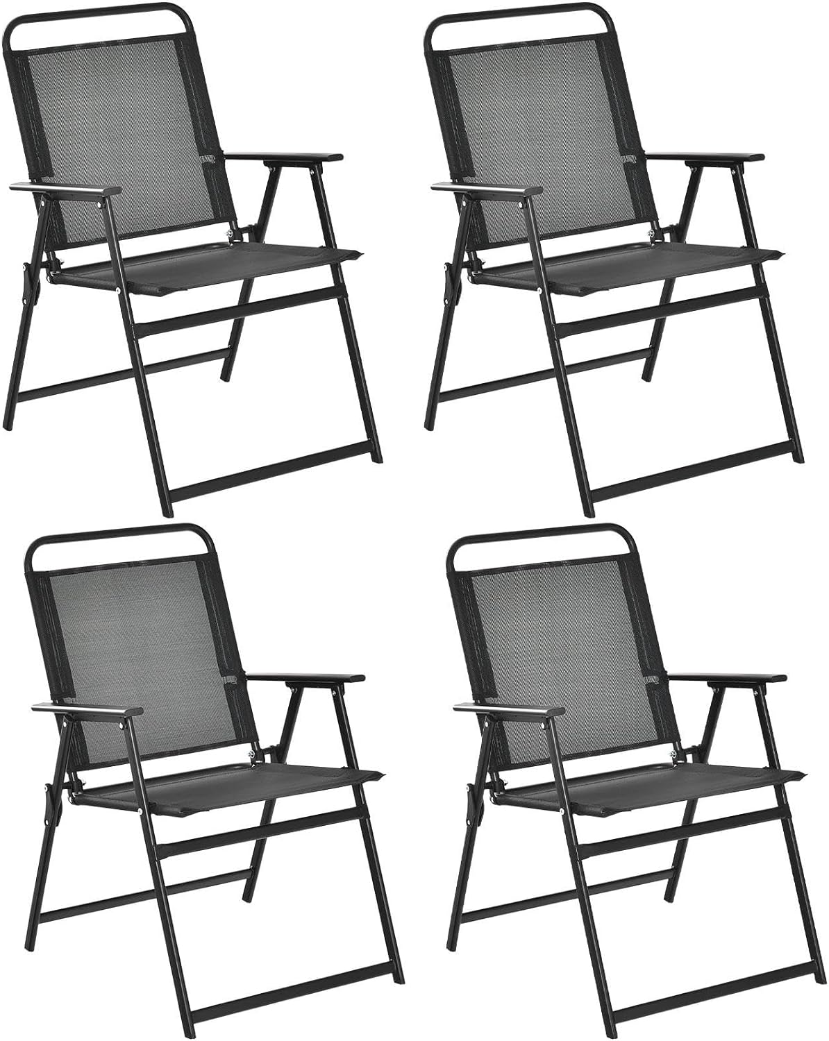 Zestaw Składanych Krzeseł Ogrodowych, Zestaw 4 Krzeseł Ogrodowych z Oddychającego Materiału z Podłokietnikami, Czarny