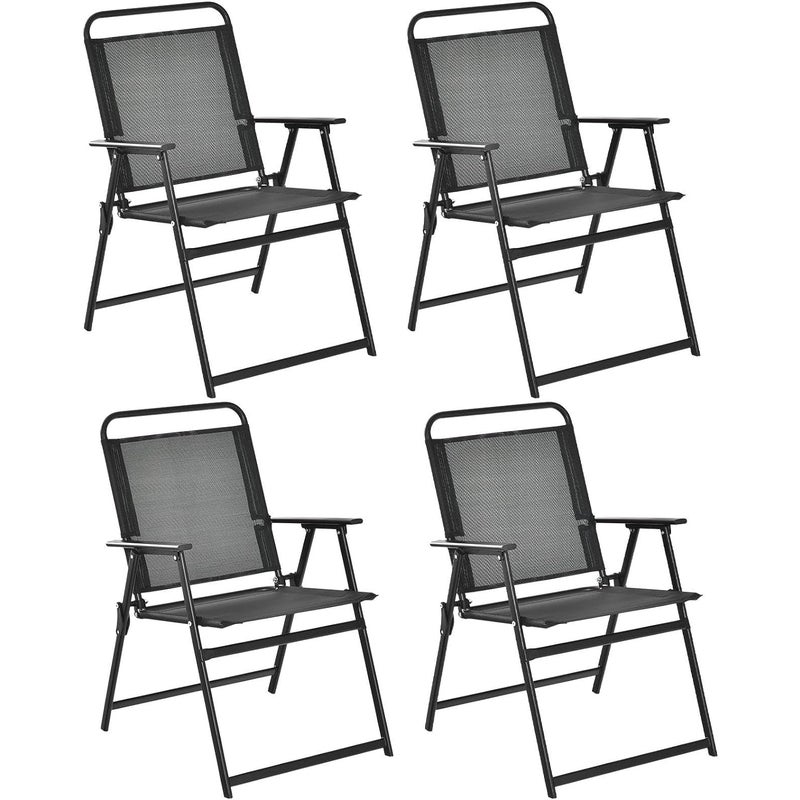 Zestaw Składanych Krzeseł Ogrodowych, Zestaw 4 Krzeseł Ogrodowych z Oddychającego Materiału z Podłokietnikami, Czarny