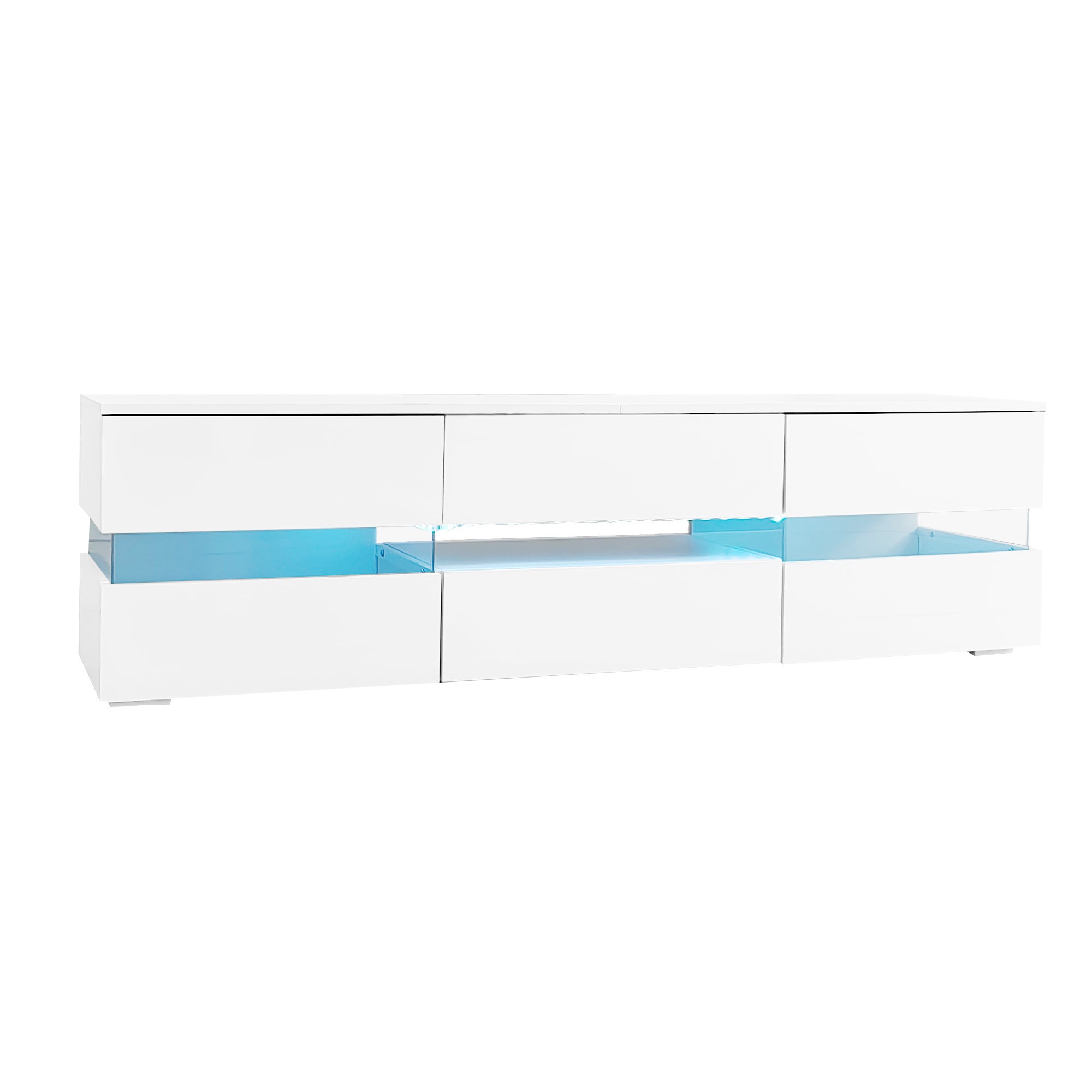 Meuble TV avec 2 portes, 2 tiroirs, compartiment ouvert - 160 x 39 x 45 cm - Panneau de particules - LEDs - Blanc brillant - 8