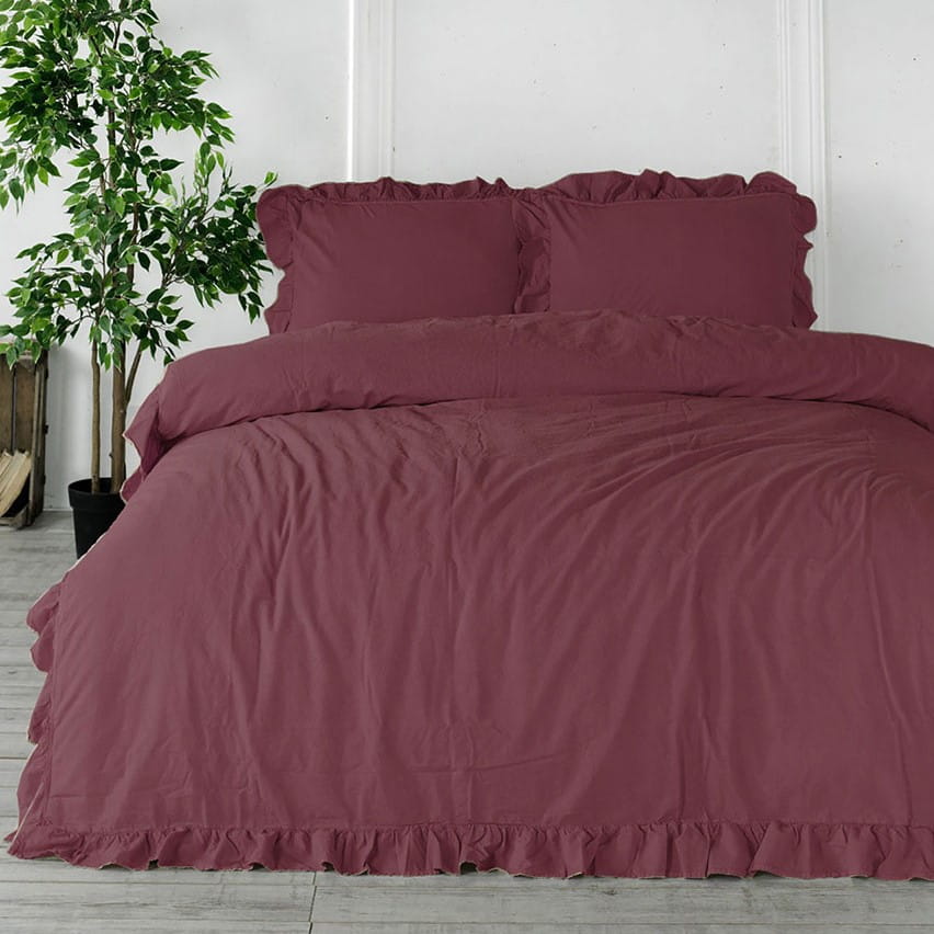 Pościel bawełniana z falbanką 160x200 Stonewashed Exclusive, Malina, fioletowa - Limasso