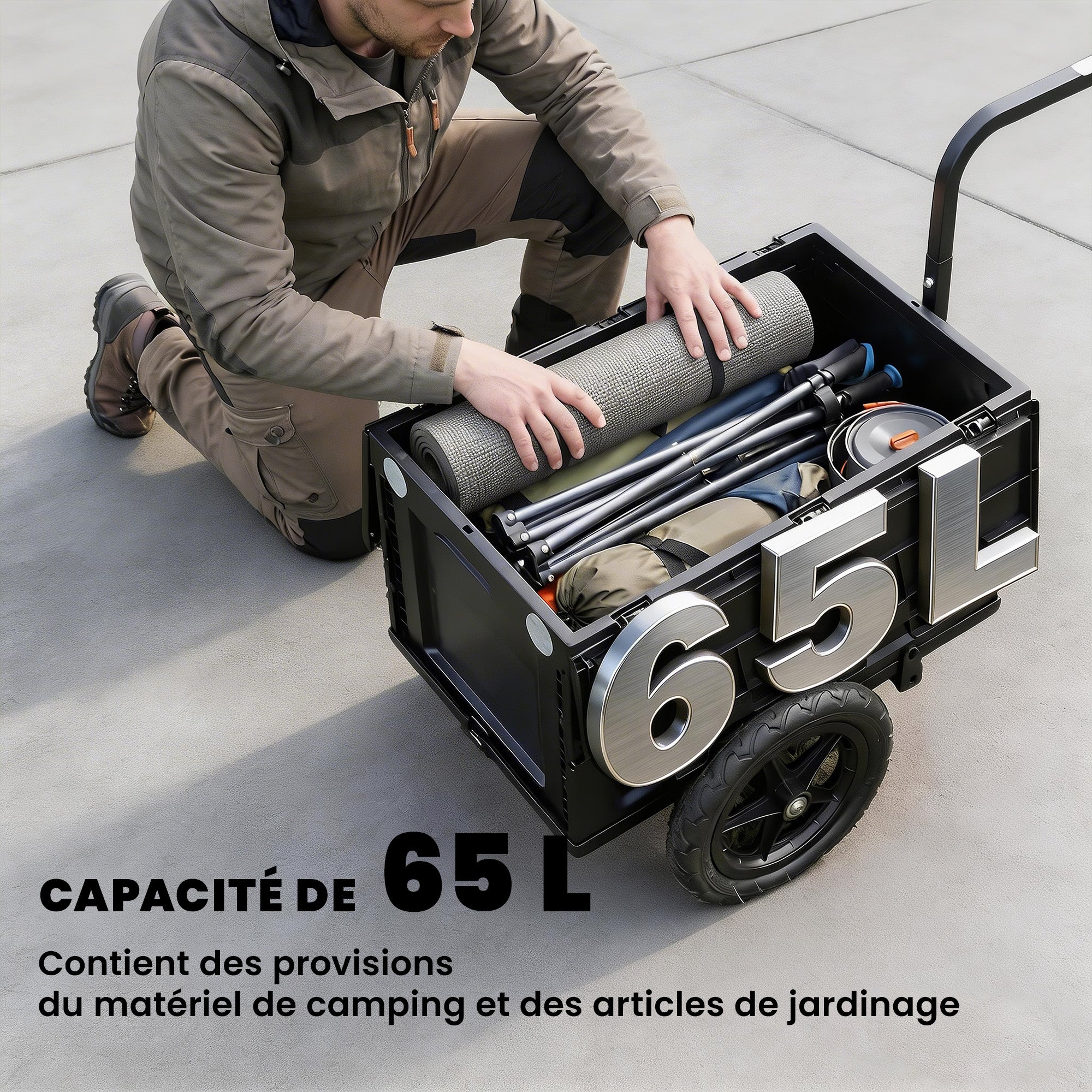 Remorque vélo cargo - chariot de transport - SPORTNOW - pliable caisse plastique 65L et couvercle - acier - 145x51,5x72cm - noir - 4